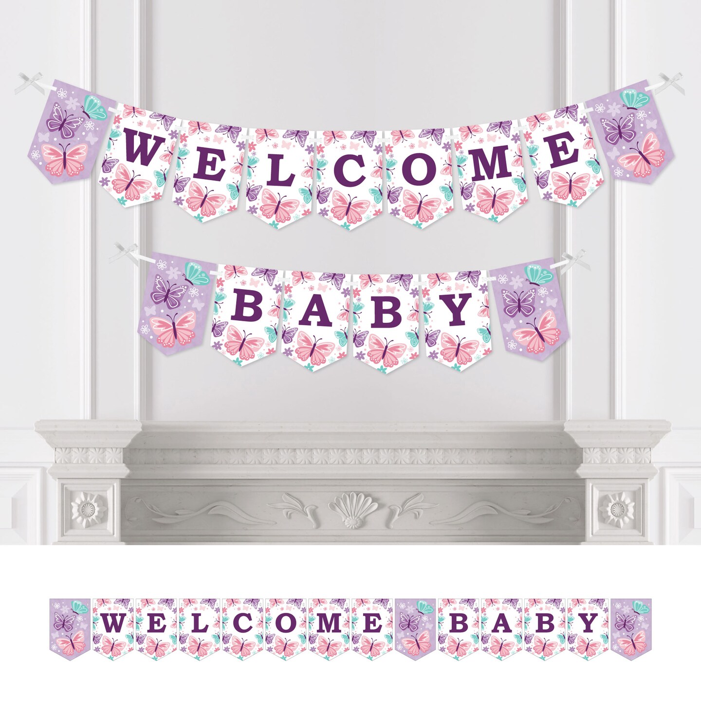 Big Dot of Happiness Beautiful Butterfly - Floral Baby Shower Bunting Banner - Party Decorations - Welcome Baby