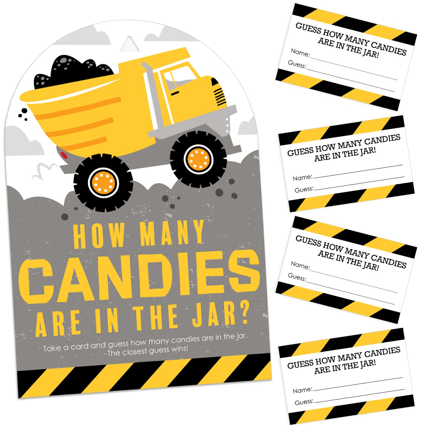 Big Dot of Happiness Dig It - Construction Party Zone - How Many Candies Baby Shower or Birthday Party Game - 1 Stand and 40 Cards Candy Guessing Game