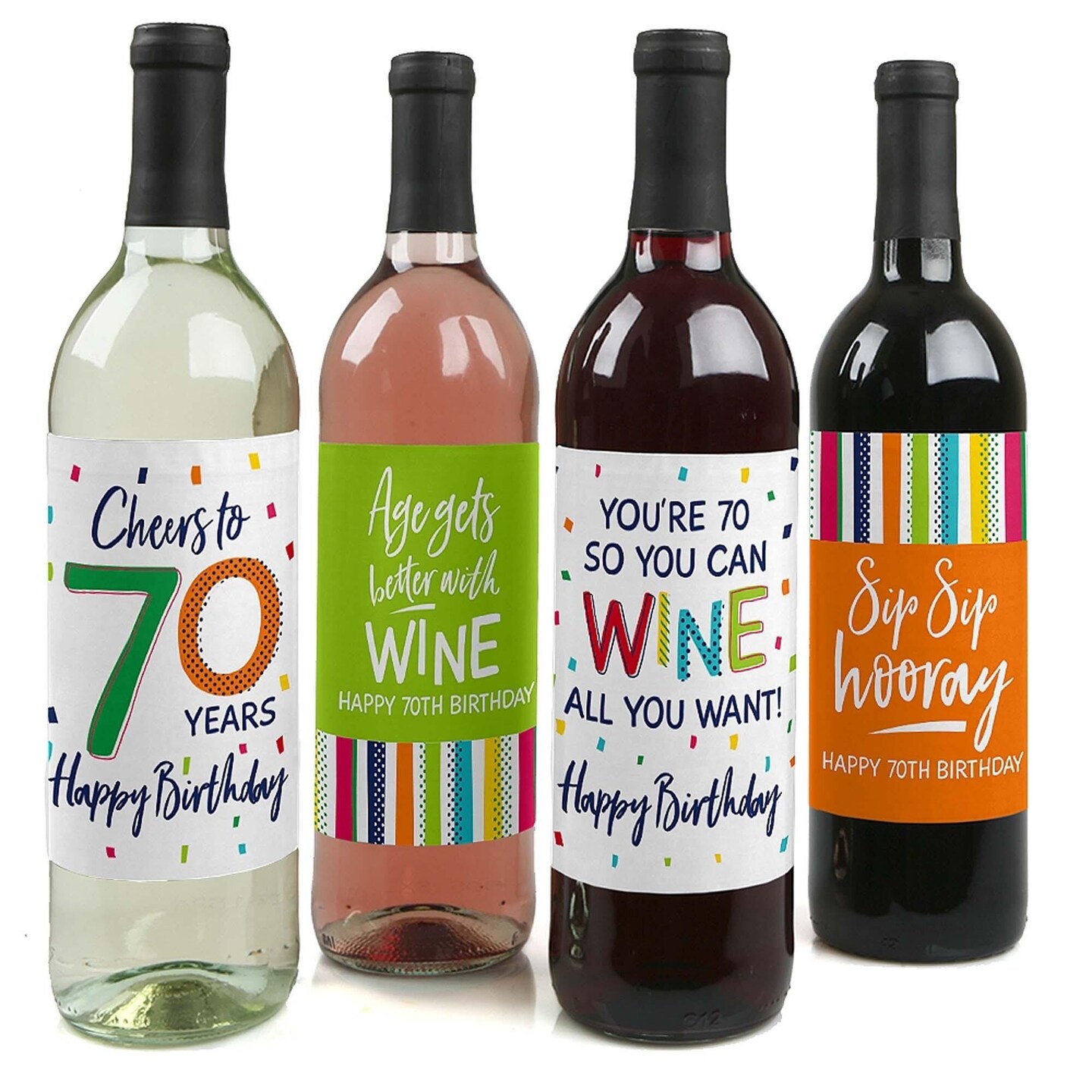 Big Dot of Happiness 70th Birthday - Cheerful Happy Birthday - Colorful  Seventieth Birthday Party Decor- Wine Bottle Label Stickers - Set of 4