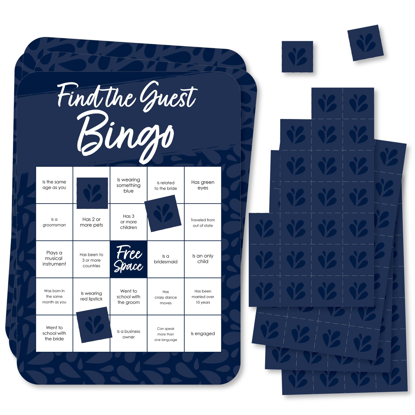 Big Dot of Happiness Navy Blue Elegantly Simple - Find the Guest Bingo Cards and Markers - Wedding &#x26; Bridal Shower Bingo Game  Set of 18