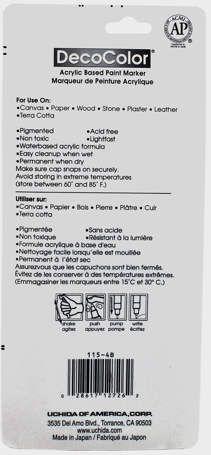 Uchida DecoColor Extra Fine Tip Acrylic Paint Markers 4/Pkg-Black, Gold, Silver And White