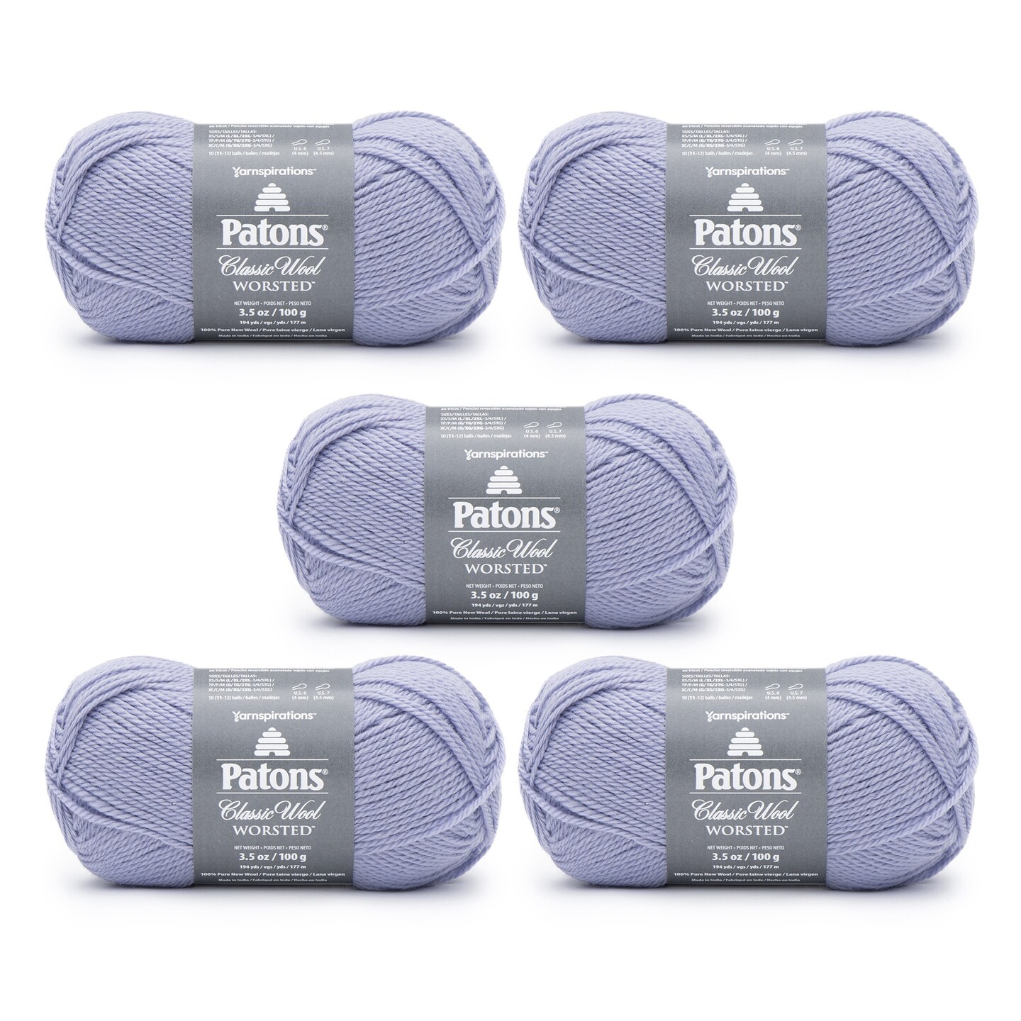 Patons Classic Wool Misty Thistle Yarn - 5 Pack of 3.5oz/100g - Wool - 4 Medium - 210 Yards - Knitting/Crochet