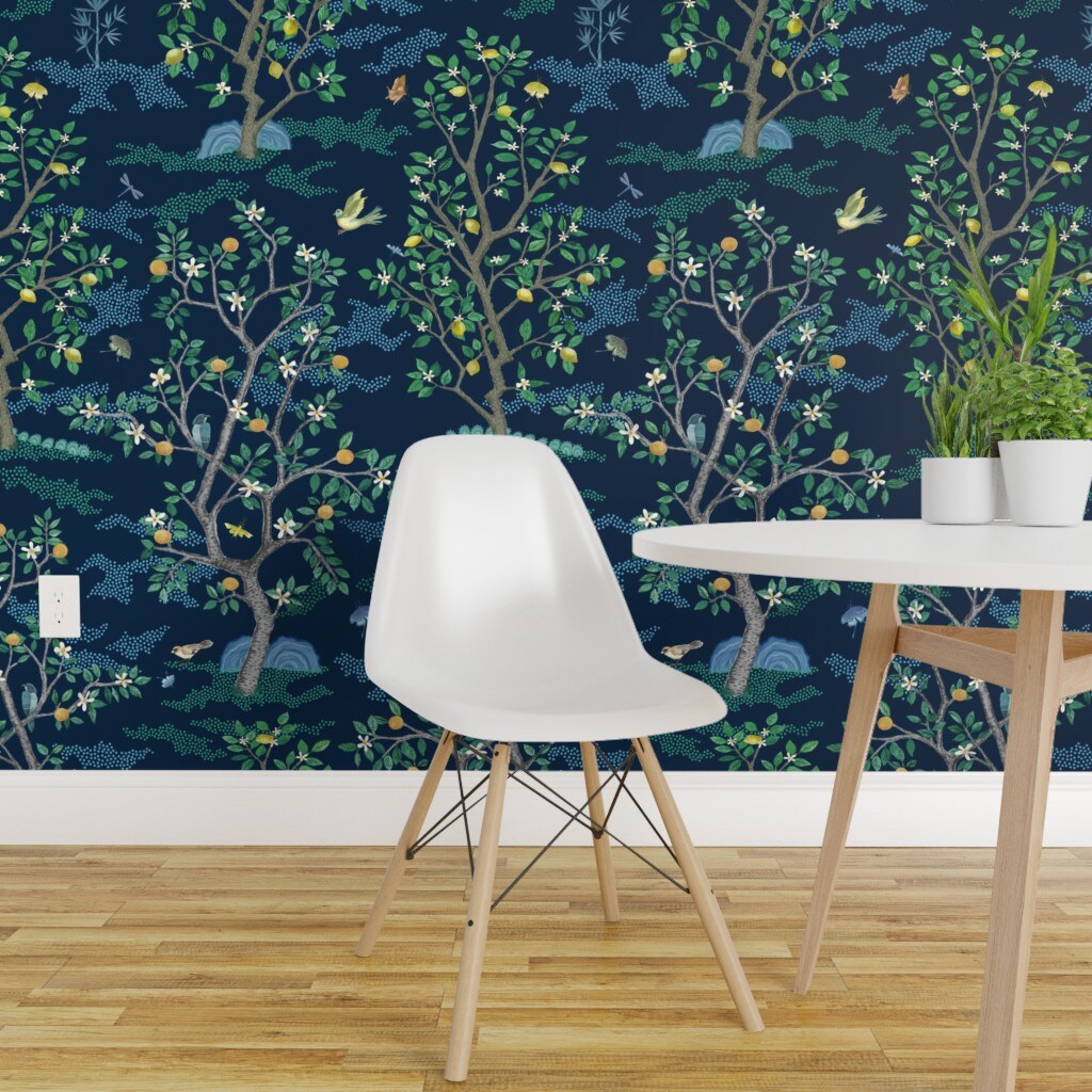 Peel &#x26; Stick Wallpaper 2FT Wide Orchard Toile Green Blue Birds Tree Large Scale Oranges Lemons Toile Chinoiserie Scenic Fruit Citrus Grove Custom Removable Wallpaper by Spoonflower