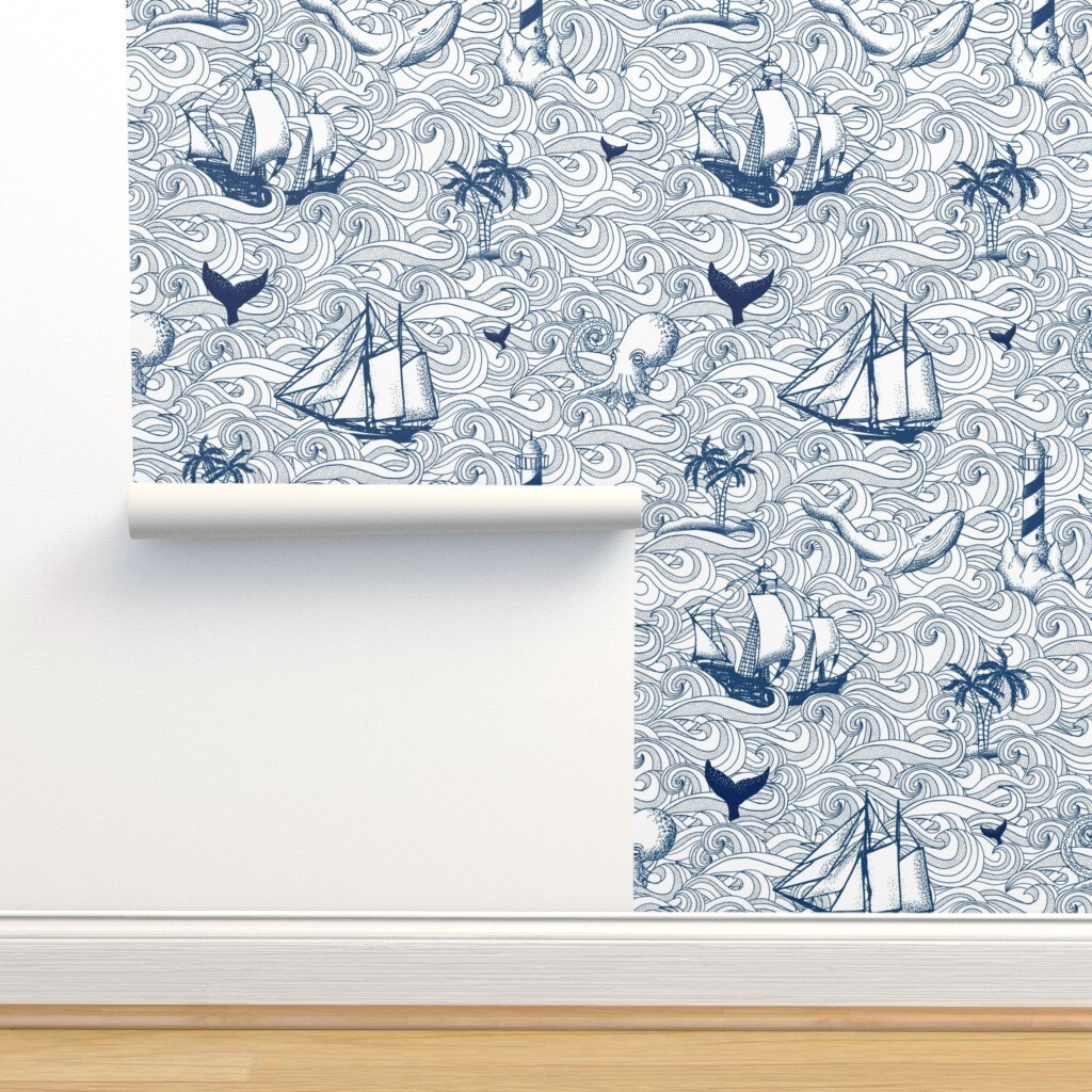 Blue White Sailboats Sailing Ships Nautical Vintage Inspired Ocean Custom Removable Wallpaper by Spoonflower Peel & Stick Wallpaper 2FT Wide