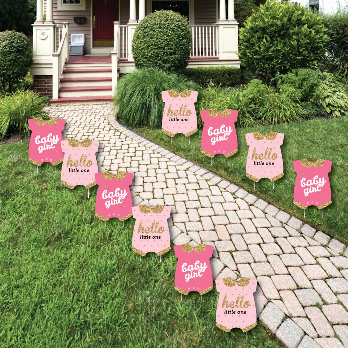Big Dot of Happiness Hello Little One - Pink and Gold - Baby Bodysuit Lawn Decorations - Outdoor Girl Baby Shower Yard Decorations - 10 Piece