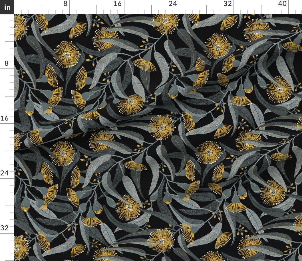 Dark Eucalyptus Australian Floral Gray And Yellow 2021 Colors Color Of The Year Custom Printed Fabric by Spoonflower Various Fabrics by the Yard or Fat Quarter