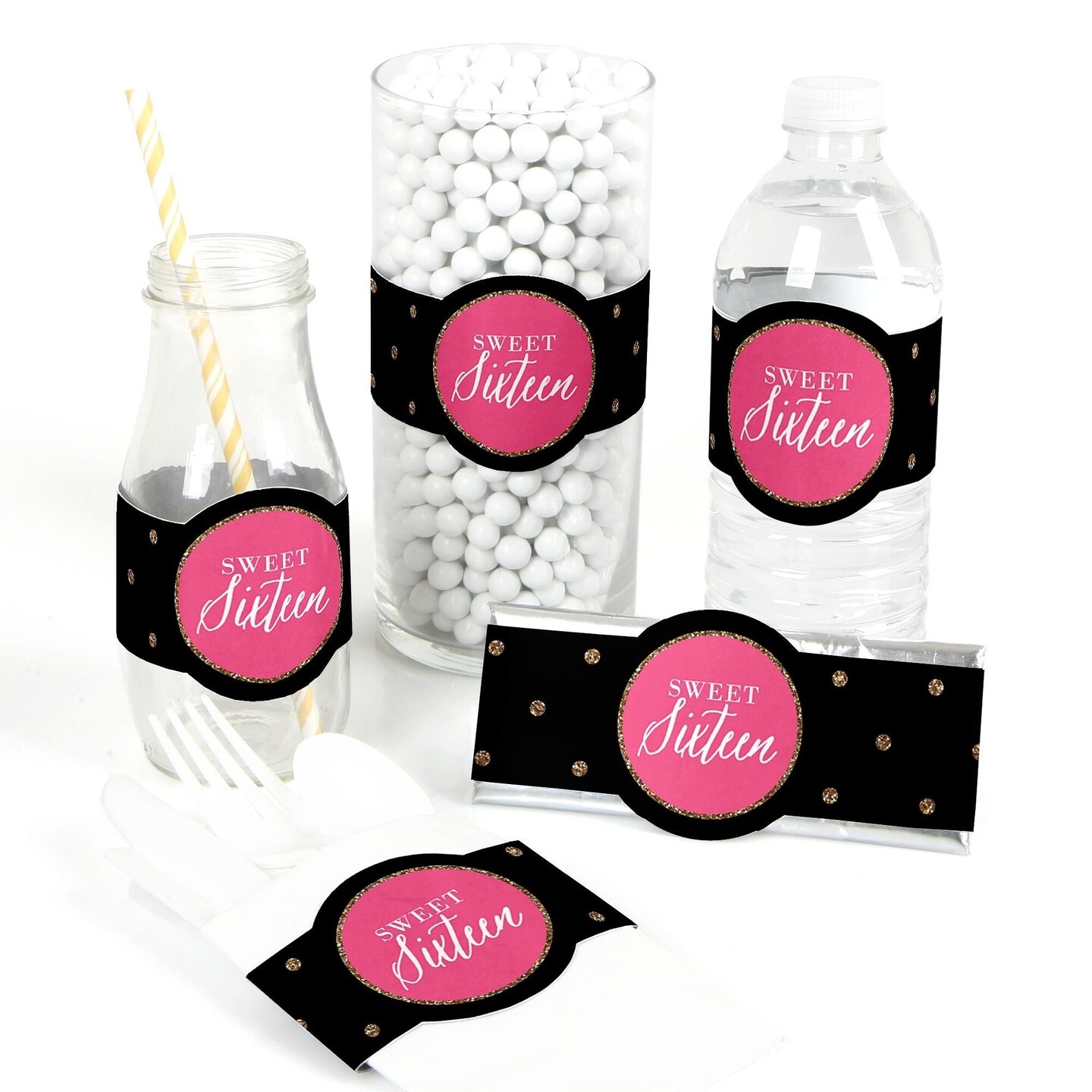 Big Dot of Happiness Chic 16th Birthday - Pink, Black and Gold - DIY Party Supplies - Birthday Party DIY Wrapper Favors &#x26; Decorations - Set of 15
