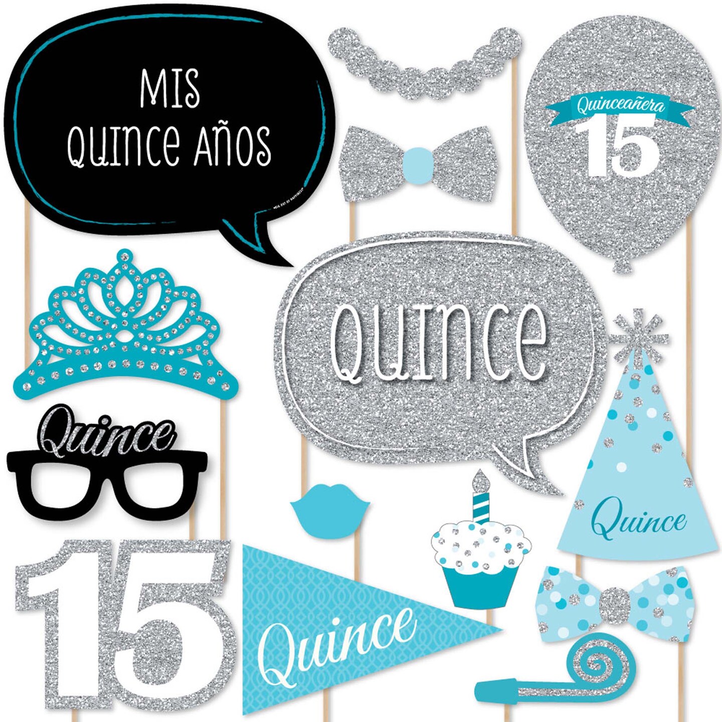 Big Dot of Happiness Quinceanera Teal - Sweet 15 - Birthday Party Photo Booth Props Kit - 20 Count