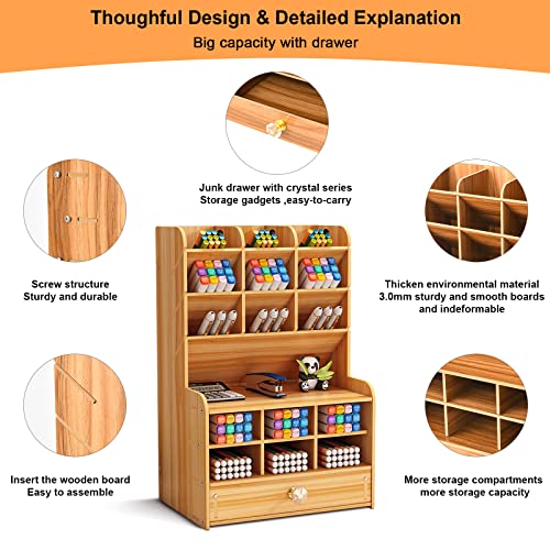 Wooden Desk Organizer, Multi-Functional DIY Pen Holder, Pen Organizer for  desk, Desktop Stationary, Home Office Art Supplies Organizer Storage with  Drawer 