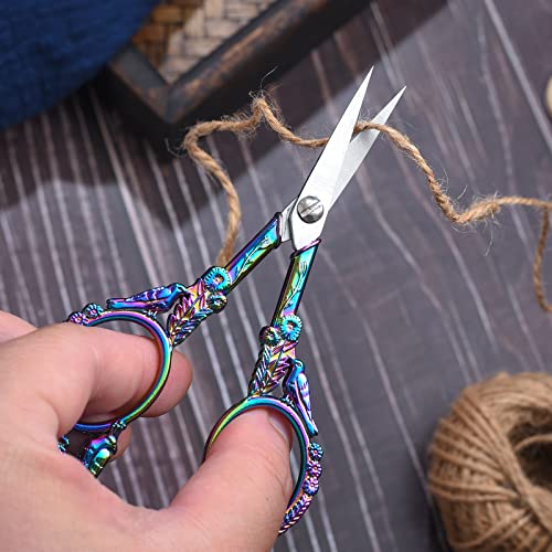 Sewing Embroidery Scissors, 4.6in Small Sharp Tip Craft Scissor, Rainbow Vintage Shears Detail Yarn Thread Snips for Cross Stitch Needlework DIY Art Handcraft Tool w/Apricot Case