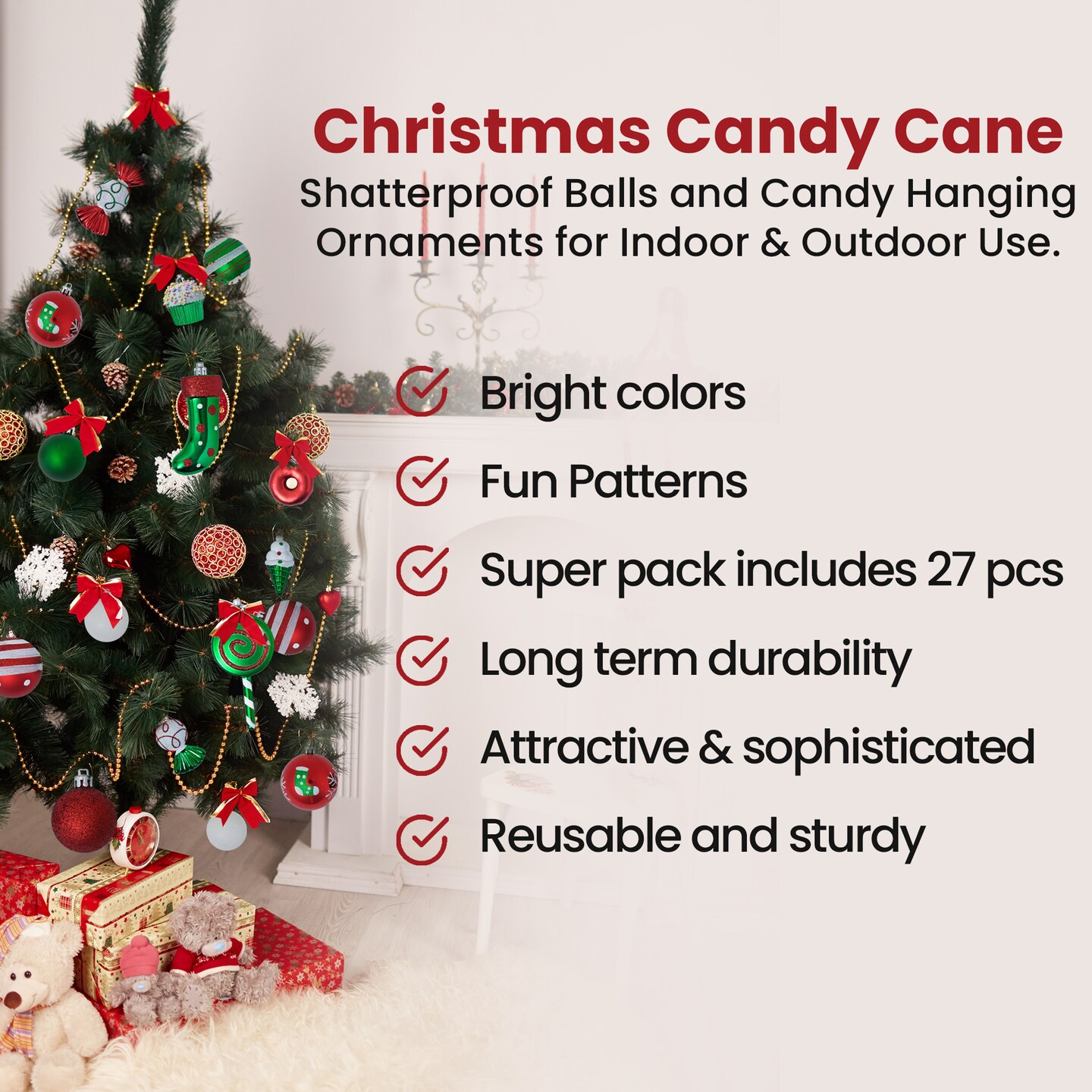 R N&#x27; D Toys Candycane Ornament Set &#x2013; Christmas Candy Cane Shatterproof Balls and Candy Hanging Ornaments for Indoor or Outdoor Christmas Tree, Holiday Party, Home D&#xE9;cor - 82 Piece Set (Red, Green &#x26; White)