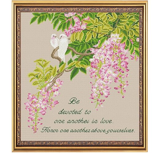 Maydear Stamped Cross Stitch Kits, Needlepoint Embroidery Kits for Beginner Kids or Adults, 14CT 2 Strands DIY Easy Counted Cross Stitch Kit - Wisteria Bird 15.7&#xD7;16.9 inch