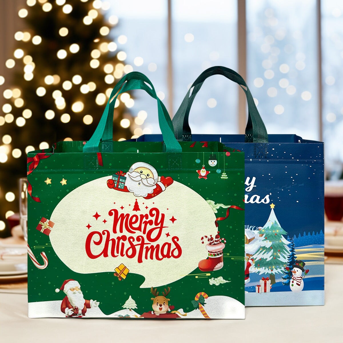 Wrapables Non-Woven Reusable Christmas Holidays Gift Bags with Handles for Gift Wrap, Parties, Favors and Treats (Set of 8), Happy Santa
