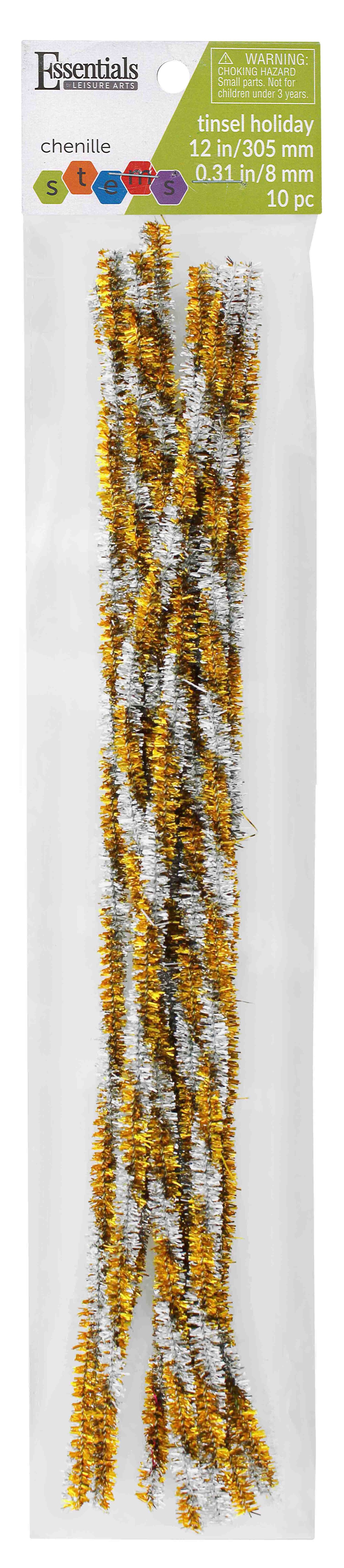 Essentials By Leisure Arts Arts Chenille Stem 12&#x22; 8mm Tinsel Holiday G/S 10pc