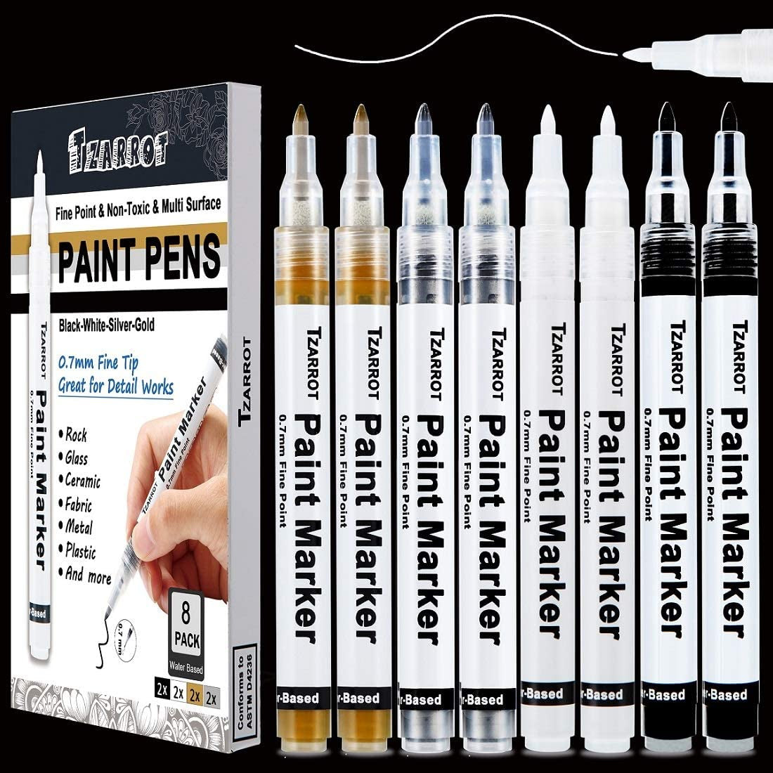 Black Permanent Markers, 8 Pack Fine Tip Black Marker Pens,Water