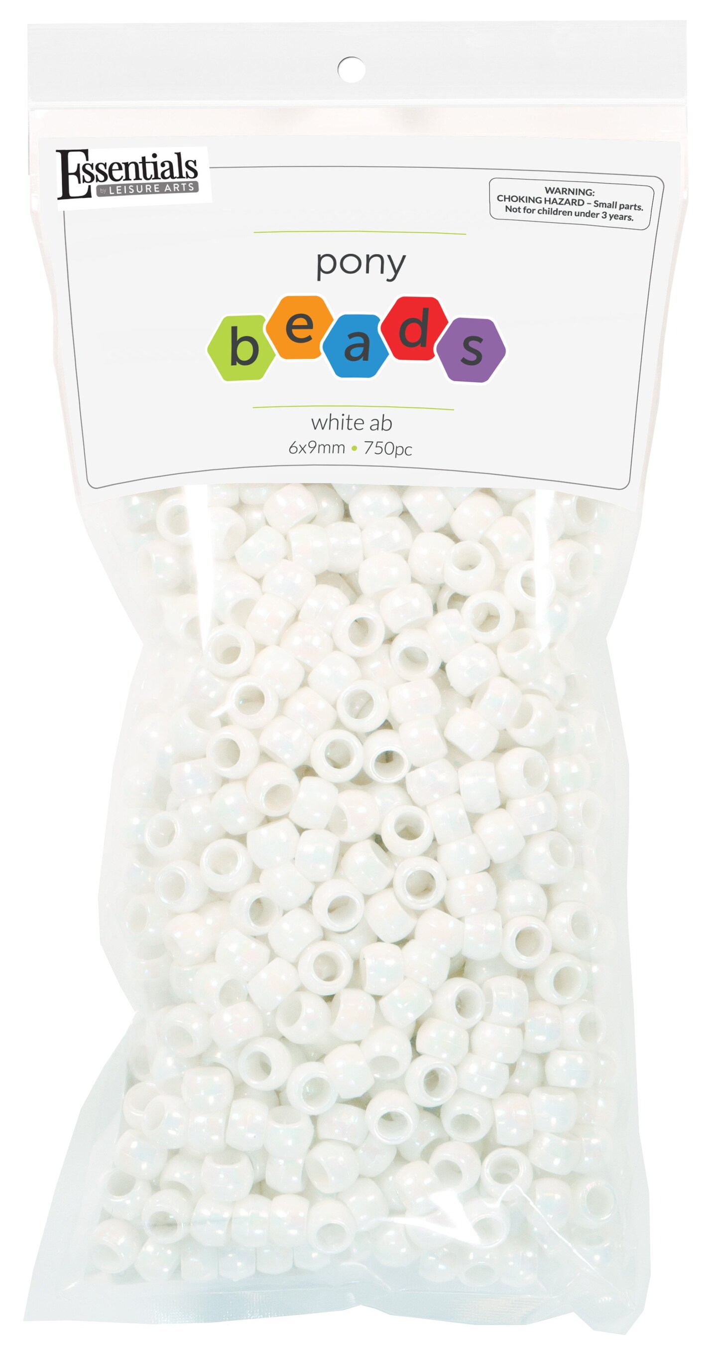 Essentials by Leisure Arts Pony Bead 6mm x 9mm Aurora Borealis White Opaque Plastic Pony Beads Bulk 750 pieces for Arts, Crafts, Bracelet, Necklace, Jewelry Making, Earring, Hair Braiding