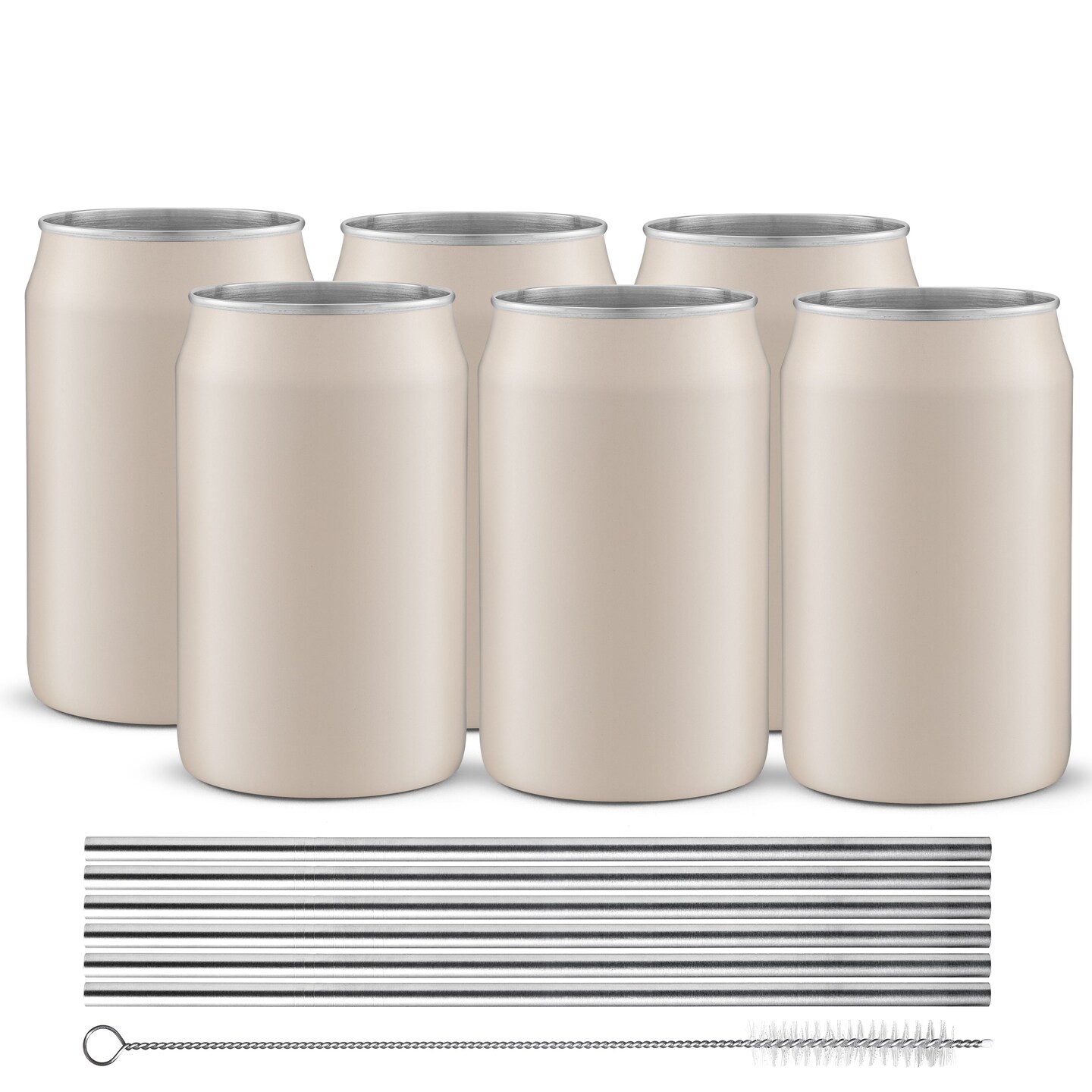 JoyJolt Stainless Steel Can Drinking Tumblers with 6 Straws &#x26; Brush- 16 oz - Beige