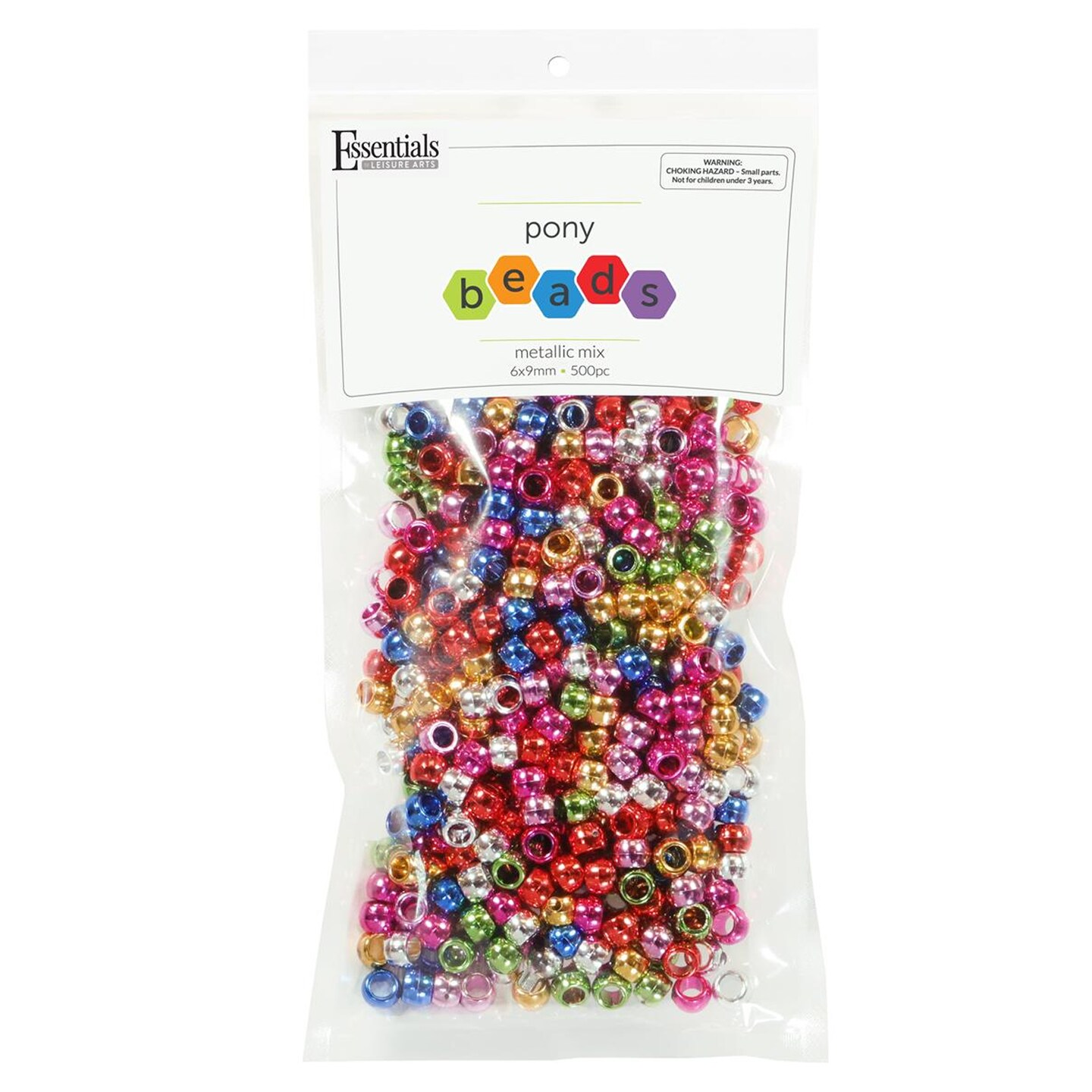 Essentials by Leisure Arts Pony Bead 6mm x 9mm Metallic Mix Opaque Plastic Pony Beads Bulk 500 pieces for Arts, Crafts, Bracelet, Necklace, Jewelry Making, Earring, Hair Braiding