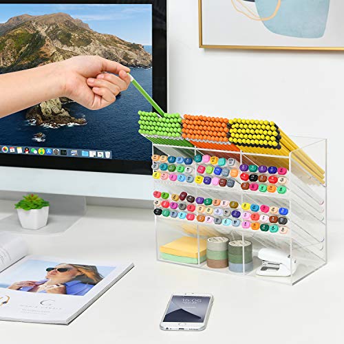 Marbrasse Clear Pen Organizer Storage, Acrylic Desk Organizer with 12  Compartments, Pen Organizer for Desk, Desktop Art Organizer for Office  School