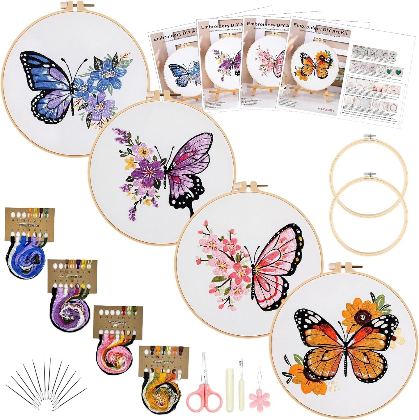 Embroidery Kit for Beginners,4 Pack Cross Stitch Kits, 2 Wooden Embroidery  Hoops,Scissors,Needles and Color Threads,Needlepoint Kit for Adult