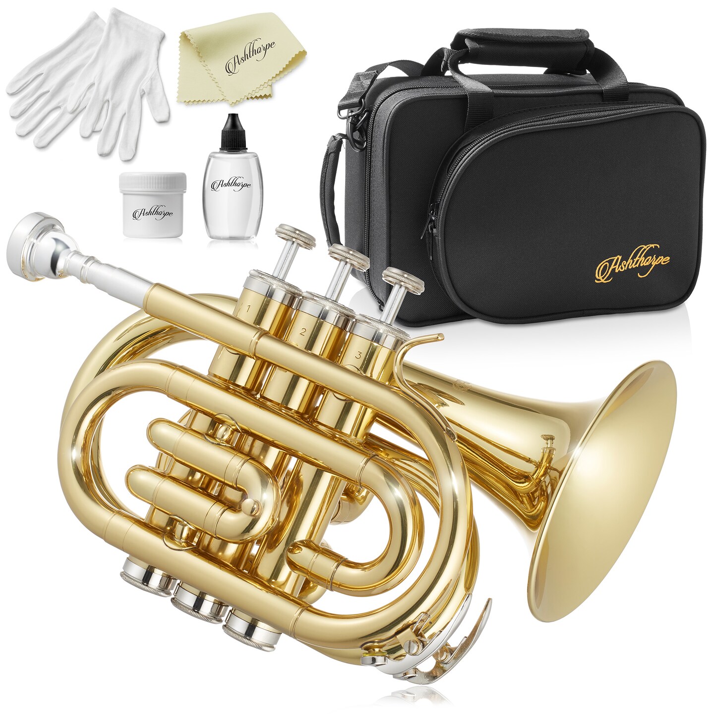 Ashthorpe Bb Brass Pocket Trumpet - Includes Case, Mouthpiece, Gloves, Cleaning Cloth, Valve Oil
