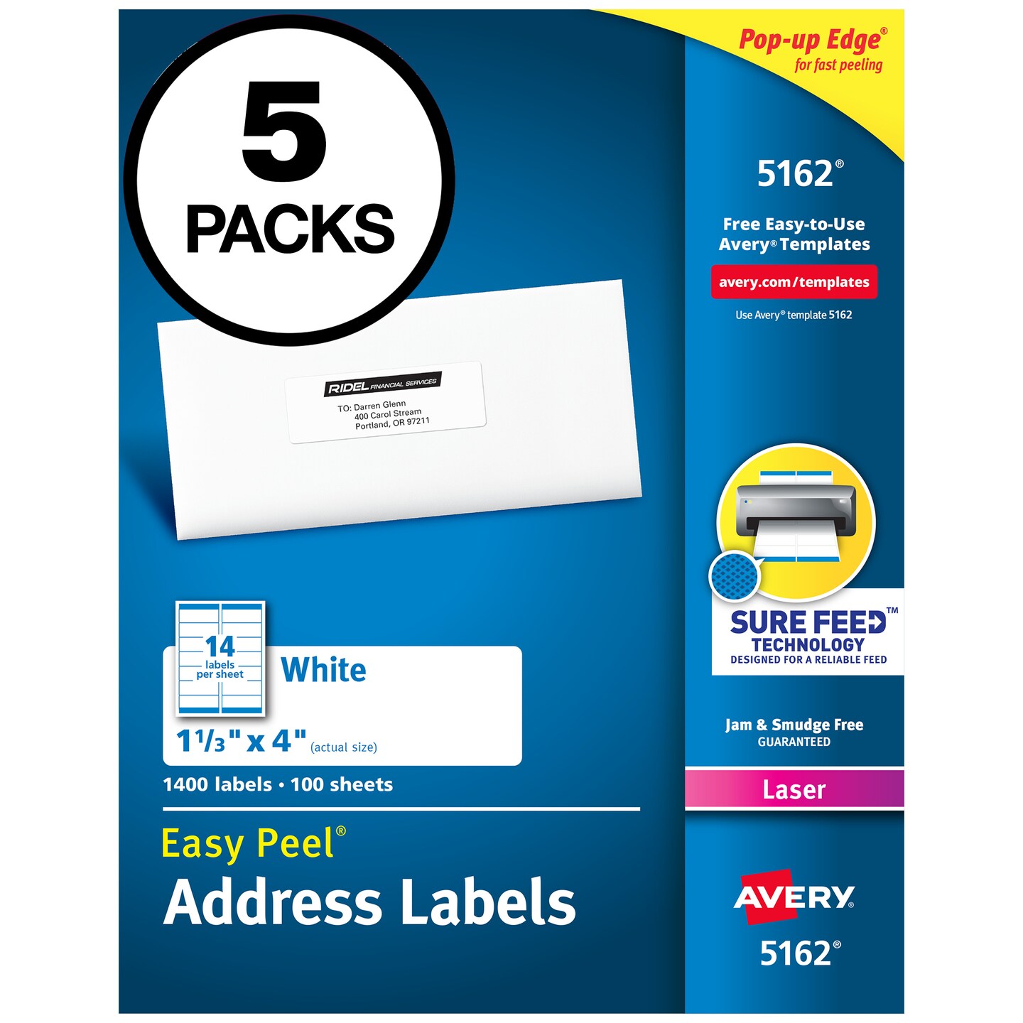 Avery Easy Peel Printable Address Labels with Sure Feed, 1-1/3&#x22; x 4&#x22;, White, 1,400 Blank Mailing Labels for Laser Printers (5162) - 5 Pack