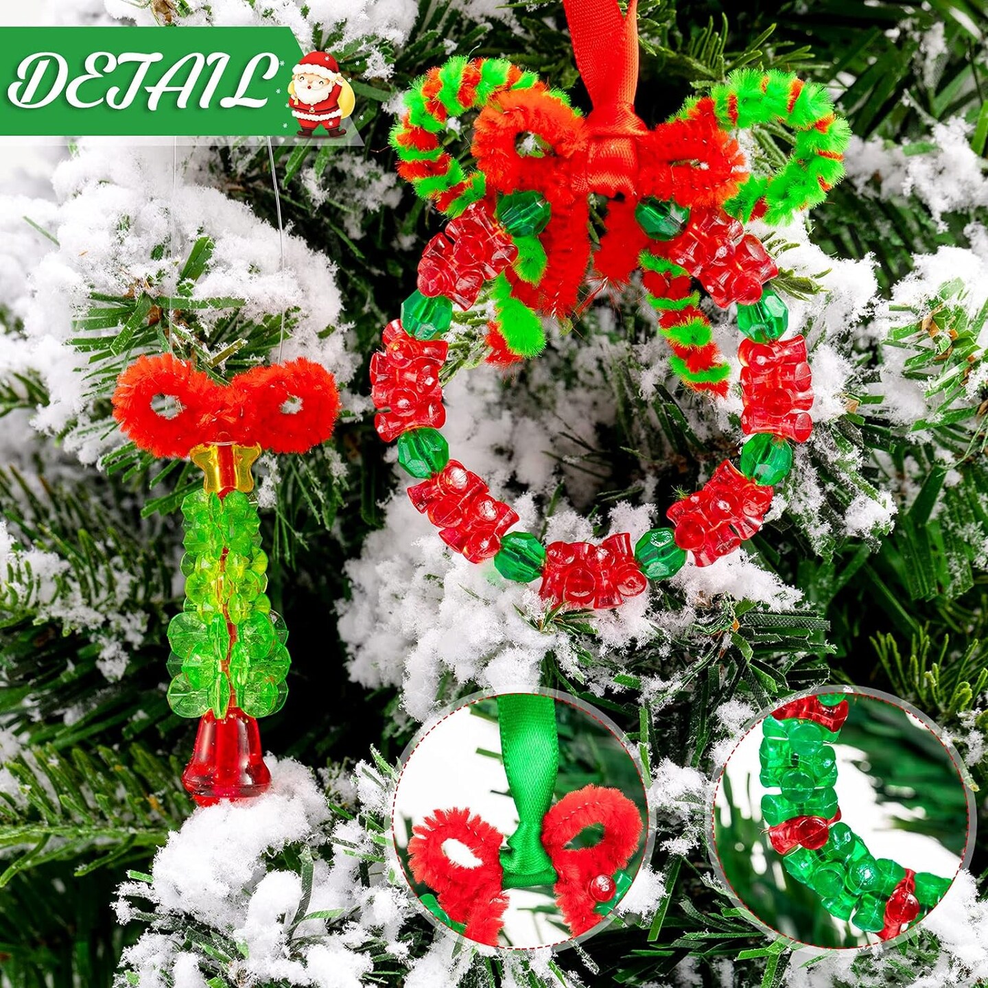 1472 Pieces Christmas Beaded Ornament DIY Craft Kit Xmas Party Craft Wreath Candy Cane Christmas Tri Beads Plastic Beads Chenille Stems and Ribbons Holiday Kids Supplies for Christmas Tree Decoration