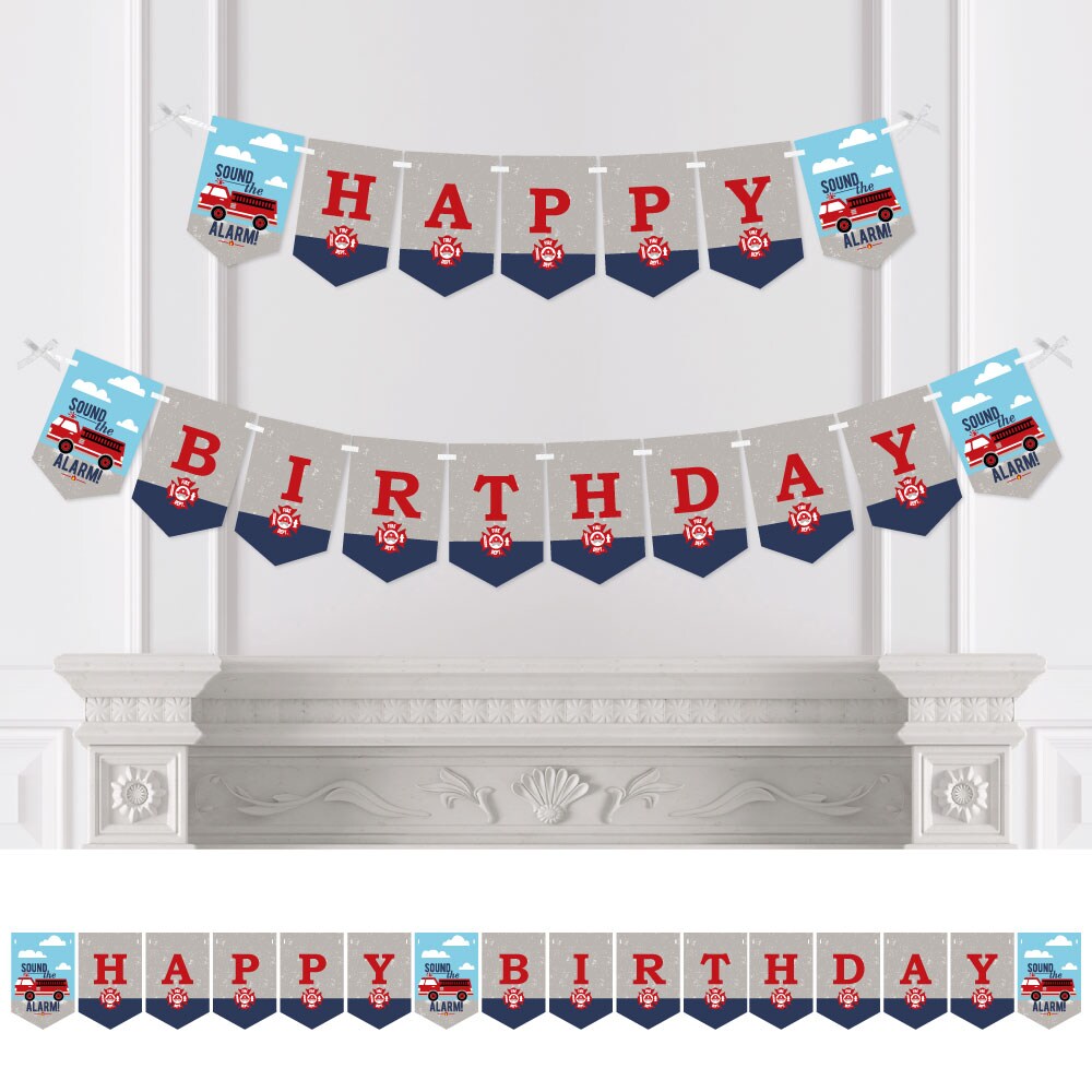 Big Dot of Happiness Fired Up Fire Truck - Firefighter Firetruck Birthday Party Bunting Banner - Birthday Party Decorations - Happy Birthday