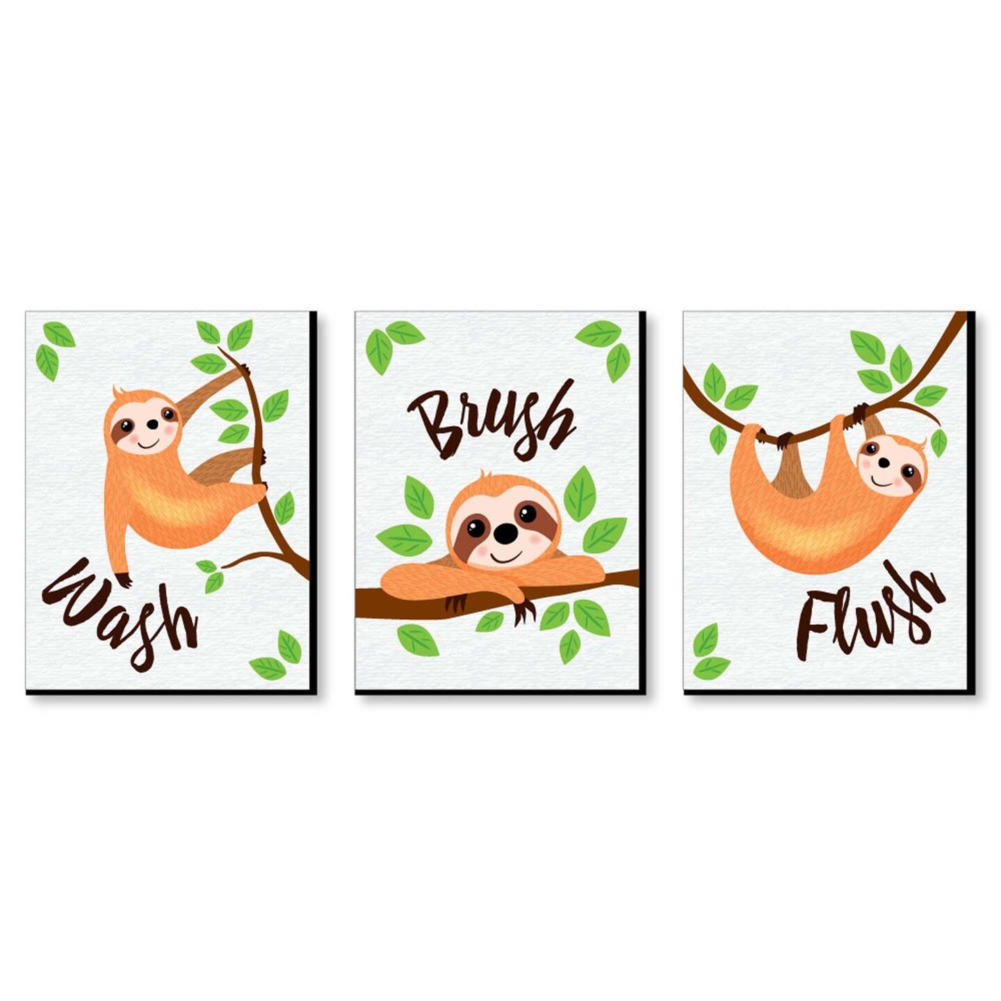 Big Dot of Happiness Let&#x27;s Hang - Sloth - Kids Bathroom Rules Wall Art - 7.5 x 10 inches - Set of 3 Signs - Wash, Brush, Flush