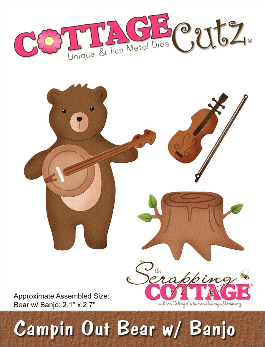 CottageCutz Dies-Campin&#x27; Out Bear W/ Banjo 2.1&#x22;X2.7&#x22;