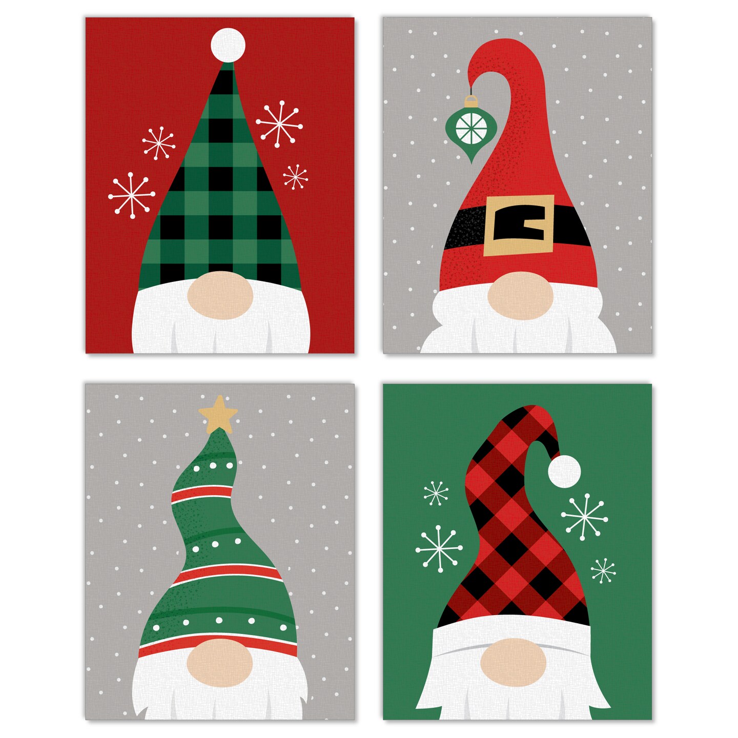 Big Dot of Happiness Red and Green Holiday Gnomes - Unframed Christmas Linen Paper Wall Art - Set of 4 - Artisms - 8 x 10 inches