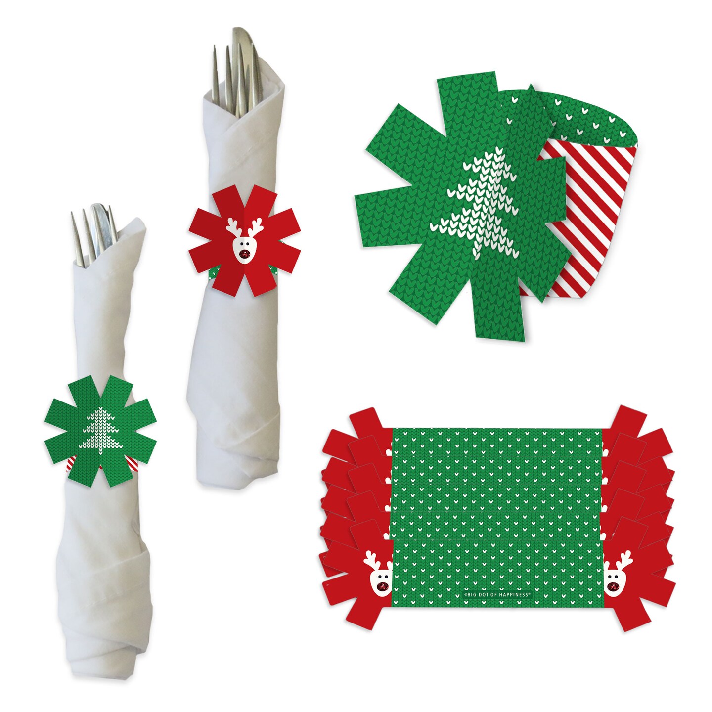 Big Dot of Happiness Ugly Sweater - Holiday and Christmas Party Paper Napkin Holder - Napkin Rings - Set of 24