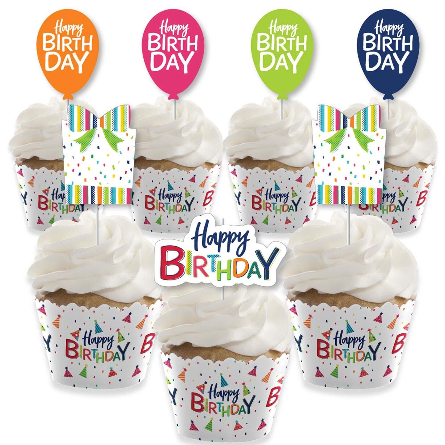 Big Dot of Happiness Cheerful Happy Birthday Cupcake Decoration