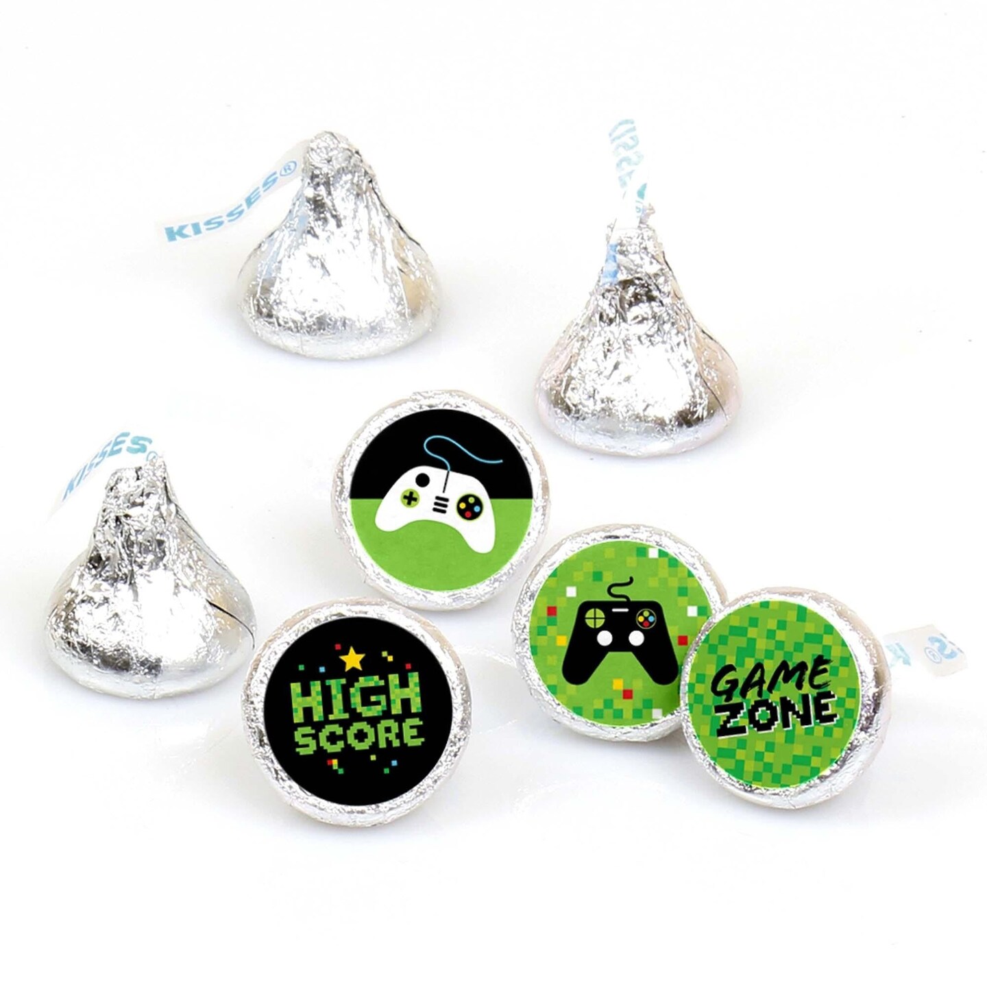 Big Dot of Happiness Game Zone - Pixel Video Game Party or Birthday Party Round Candy Sticker Favors - Labels Fits Chocolate Candy (1 sheet of 108)