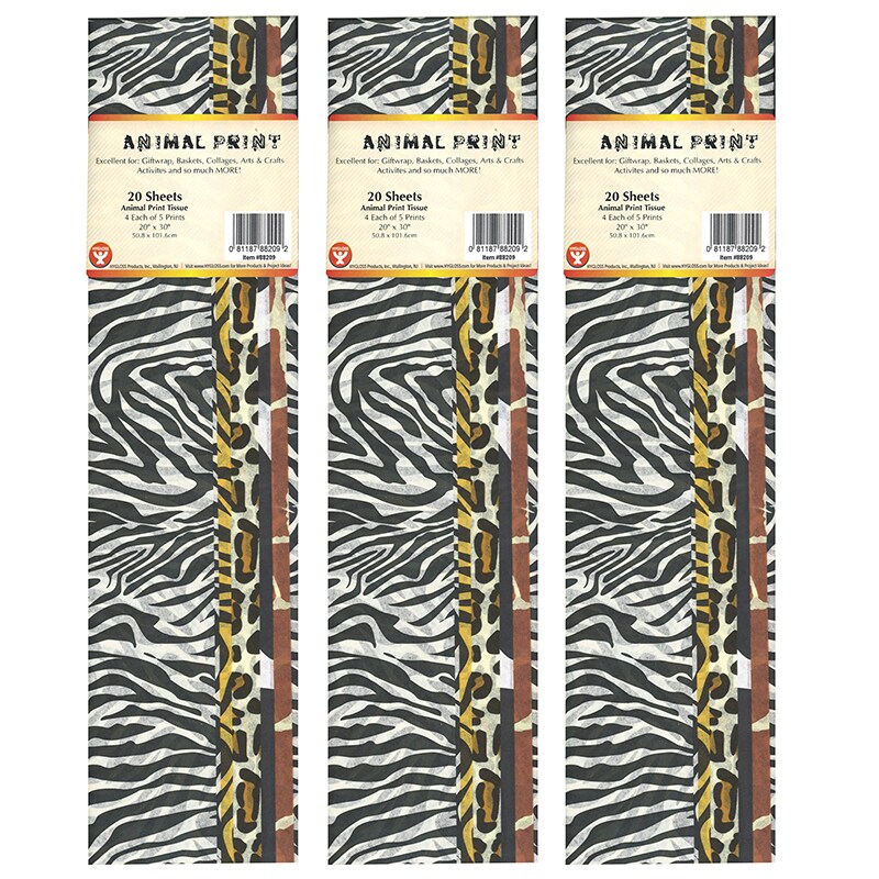 Tissue Paper, Animal Print Assortment, 20&#x22; x 30&#x22;, 20 Sheets Per Pack, 3 Packs