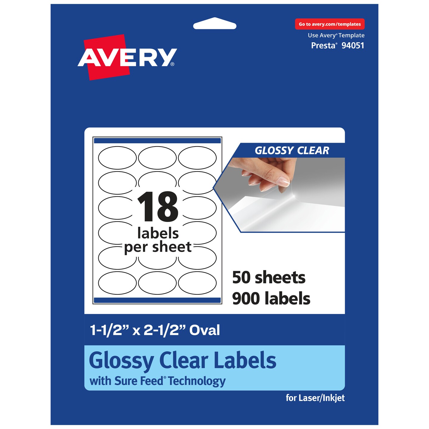 Avery Glossy Clear Oval Labels with Sure Feed, 1.5&#x22; x 2.5&#x22;