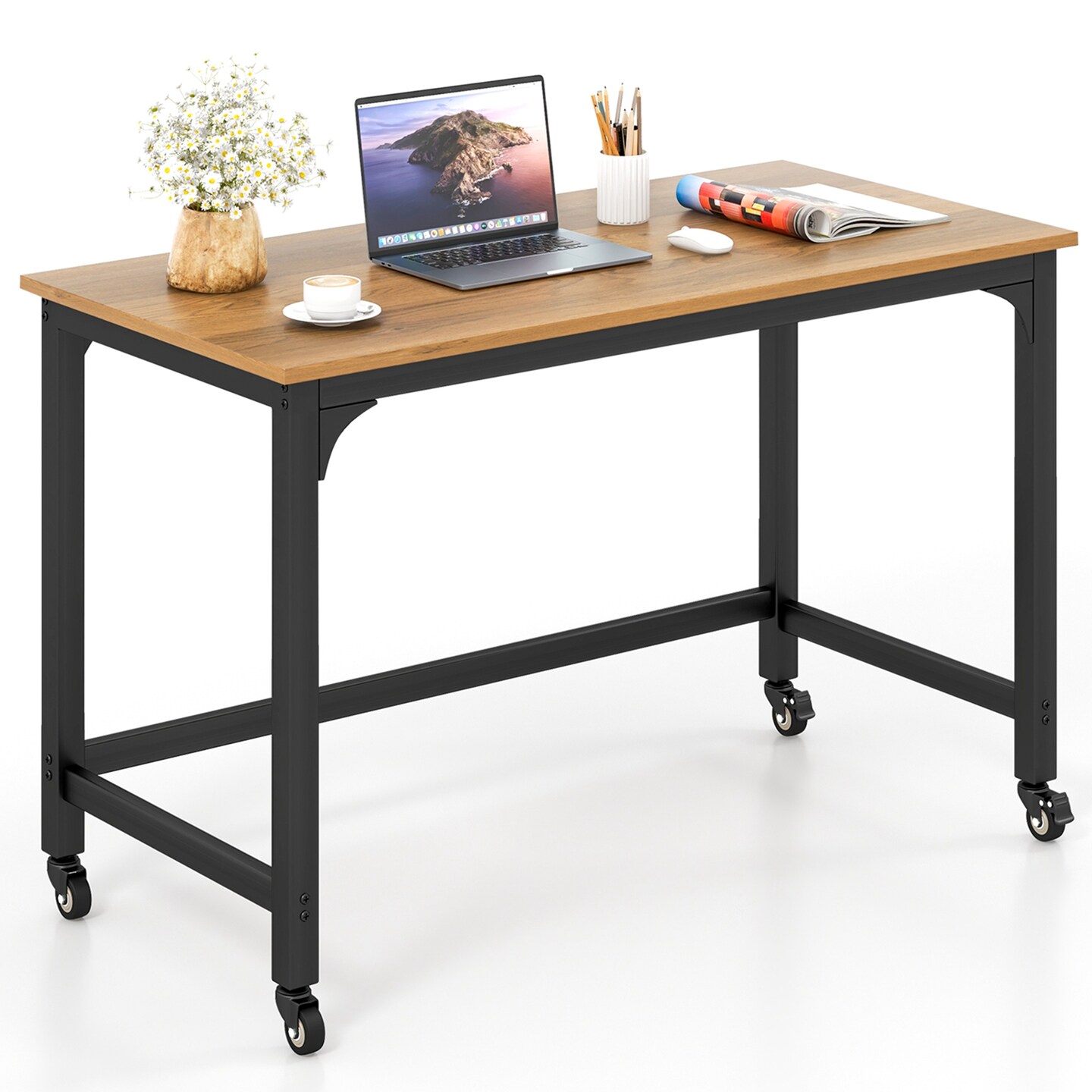 Costway48&#x22; Rolling Computer Desk Metal Frame PC Laptop Table Wood Top Study Workstation
