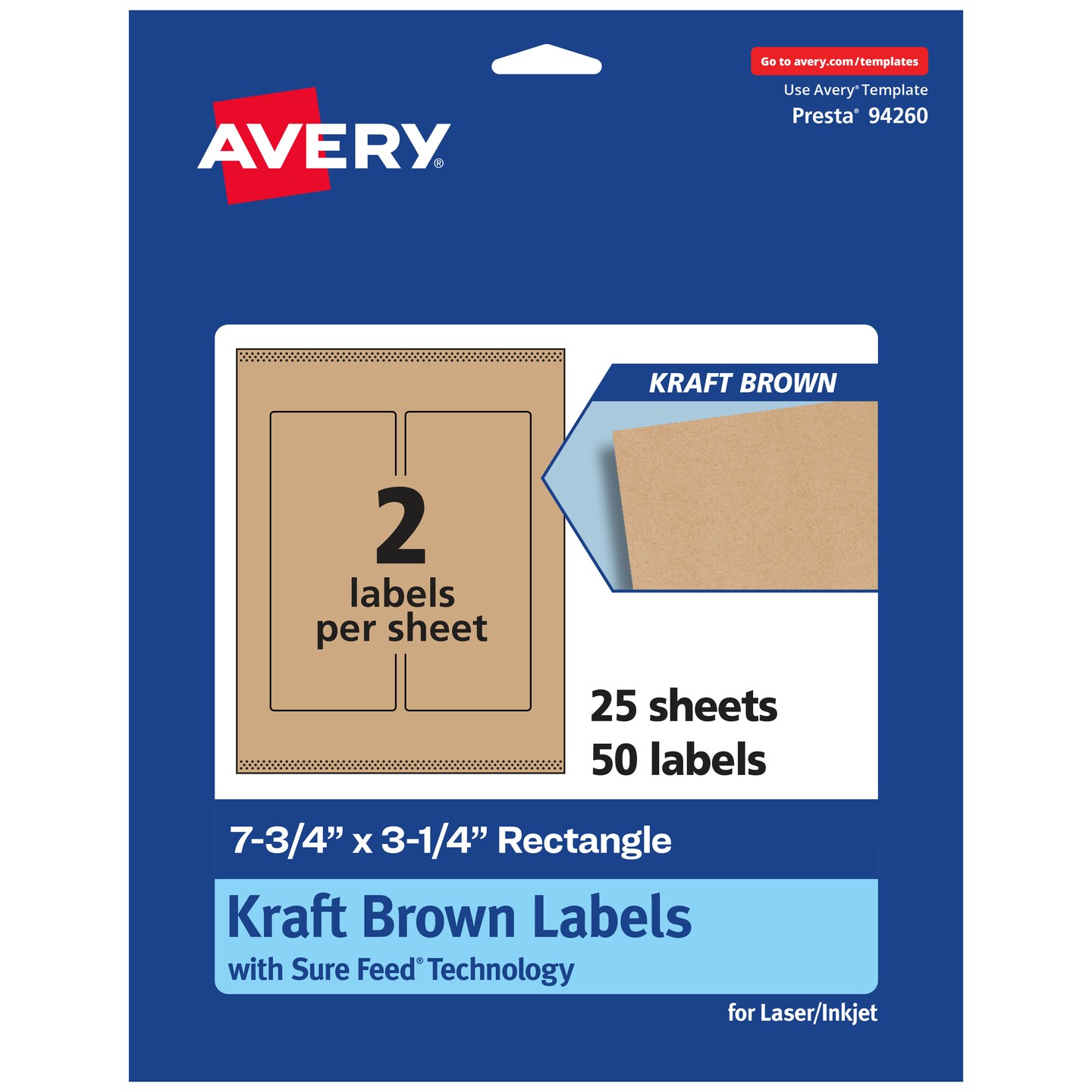 Avery Kraft Brown Rectangle Labels with Sure Feed, 7.75&#x22; x 3.25&#x22;