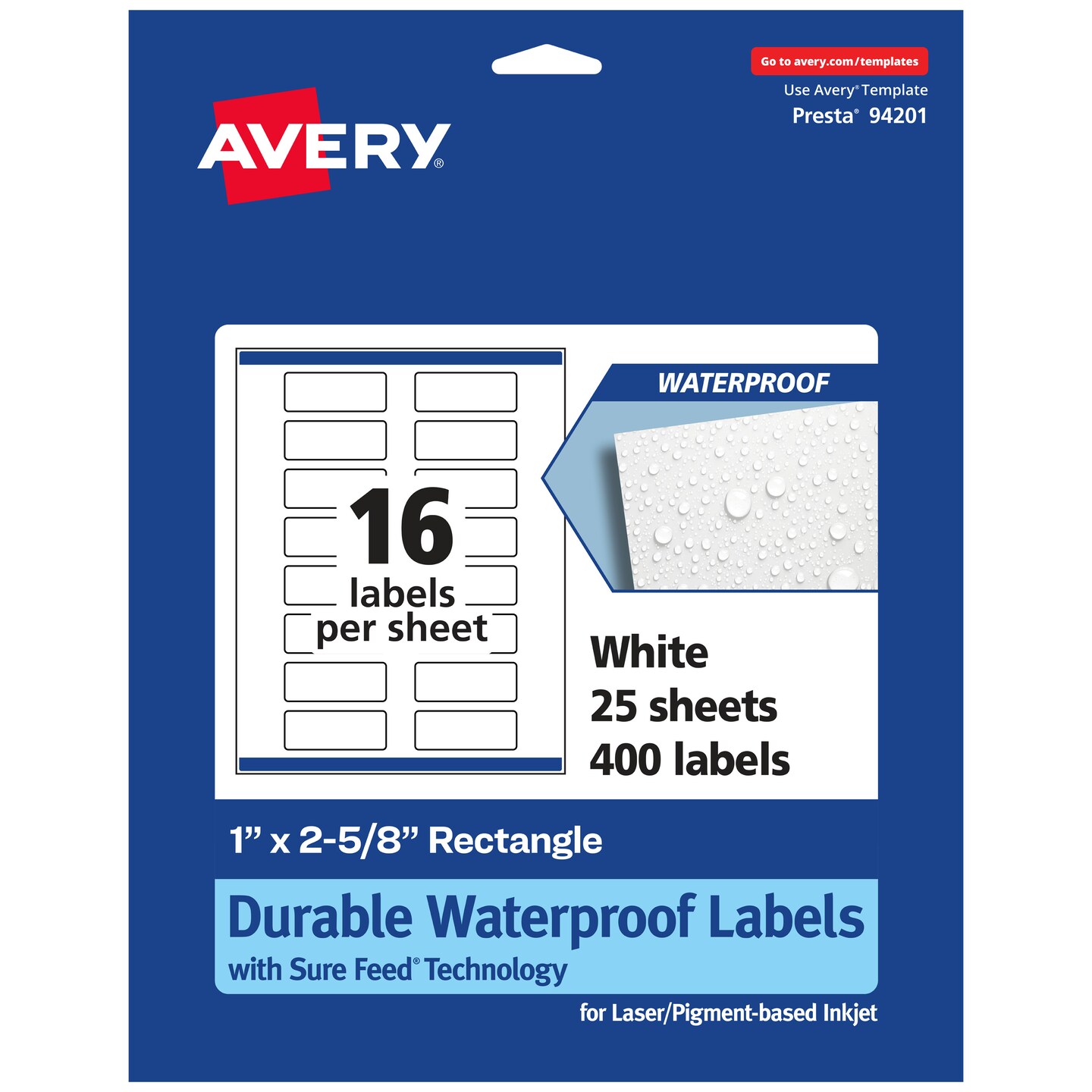 Avery Durable Waterproof Rectangle Labels with Sure Feed, 1&#x22; x 2-5/8&#x22;