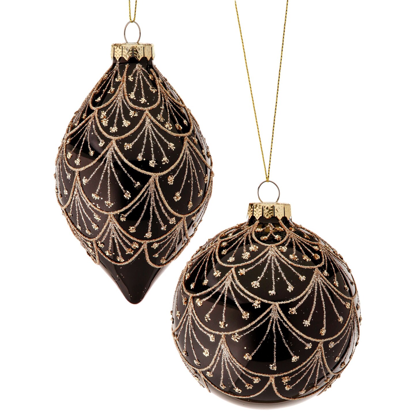 Contemporary Home Living 6ct Black and Gold Glittered Art Deco Glass Ball/Finial Christmas Ornaments 4"