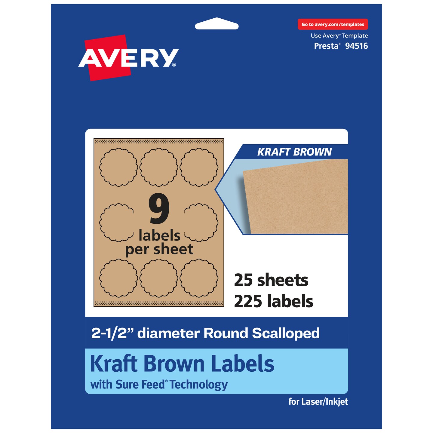 Avery Kraft Brown Round Scalloped Labels with Sure Feed, 2.5&#x22; diameter