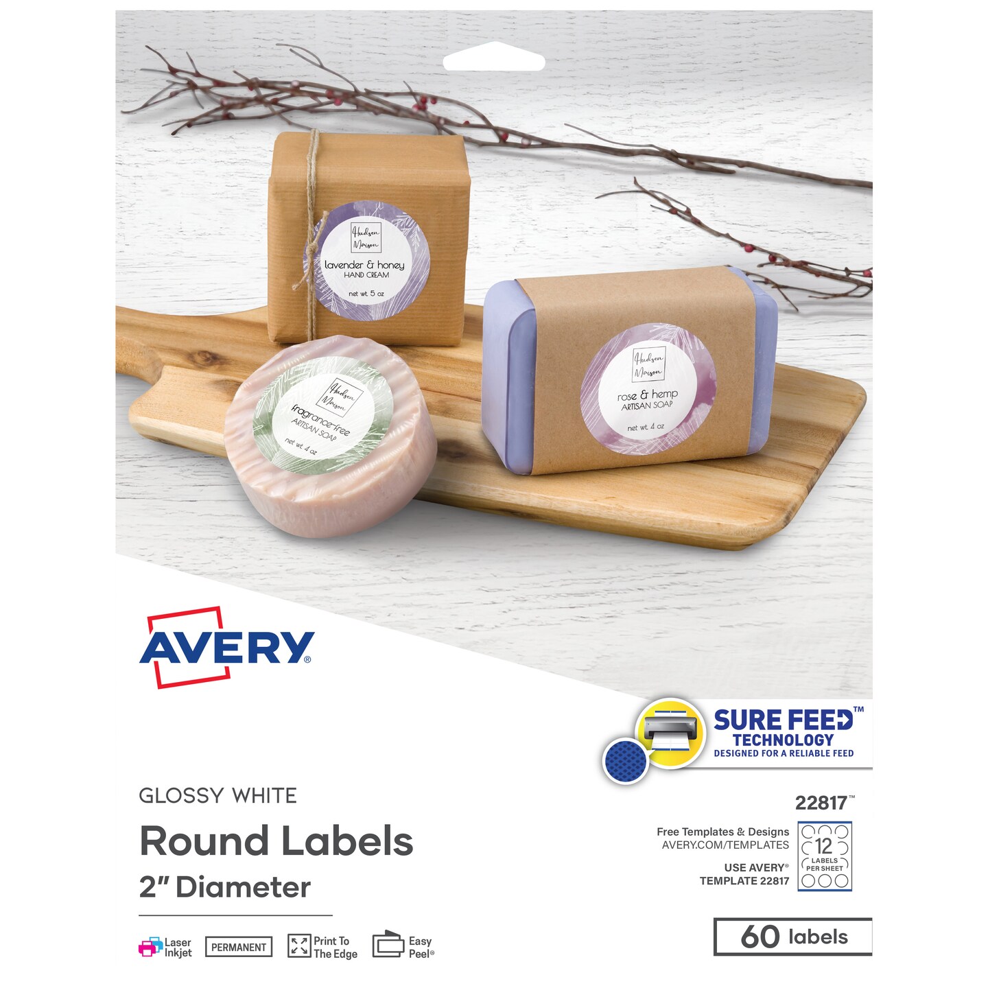 Avery Printable Round Labels with Sure Feed, 2" Diameter, Glossy White, 60 Customizable Labels (22817)