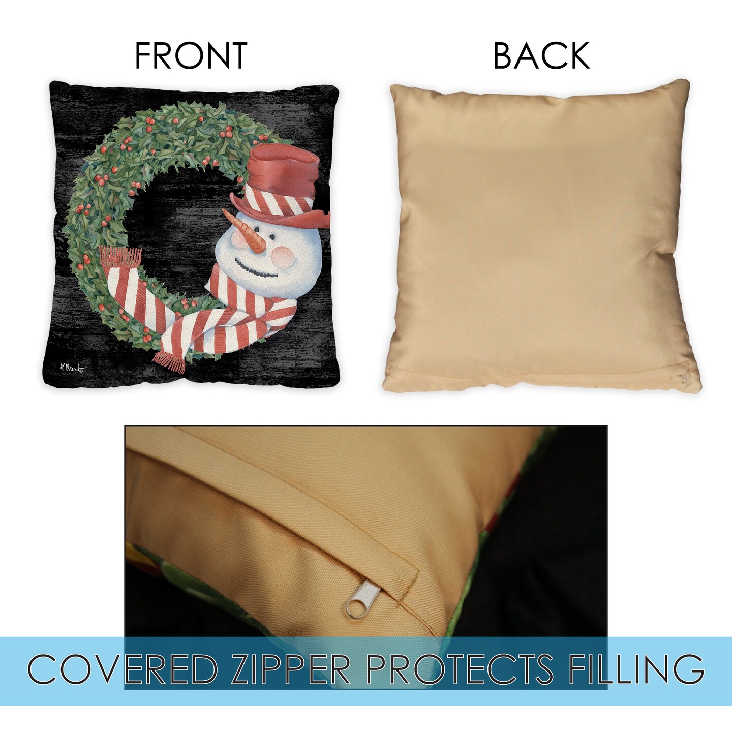 Snowman Wreath Decorative Christmas Indoor/Outdoor Pillow Cover (set of 2)