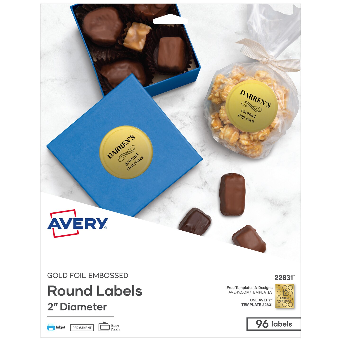 Avery Printable Embossed Foil Round Labels, 2&#x22; Diameter, Gold, 96 Customizable Labels (22831)