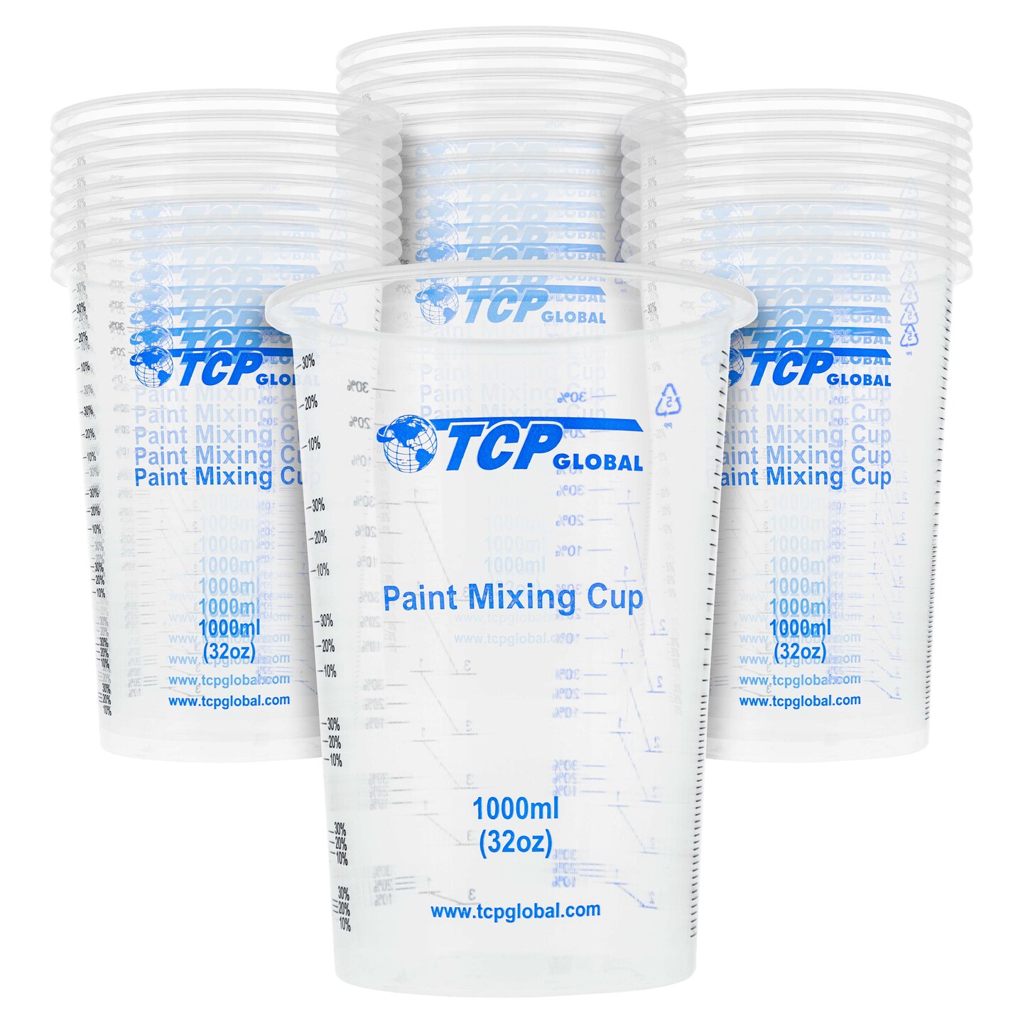 TCP Global 32 Ounce (1000ml) Disposable Flexible Clear Graduated Plastic Mixing Cups Box of 25