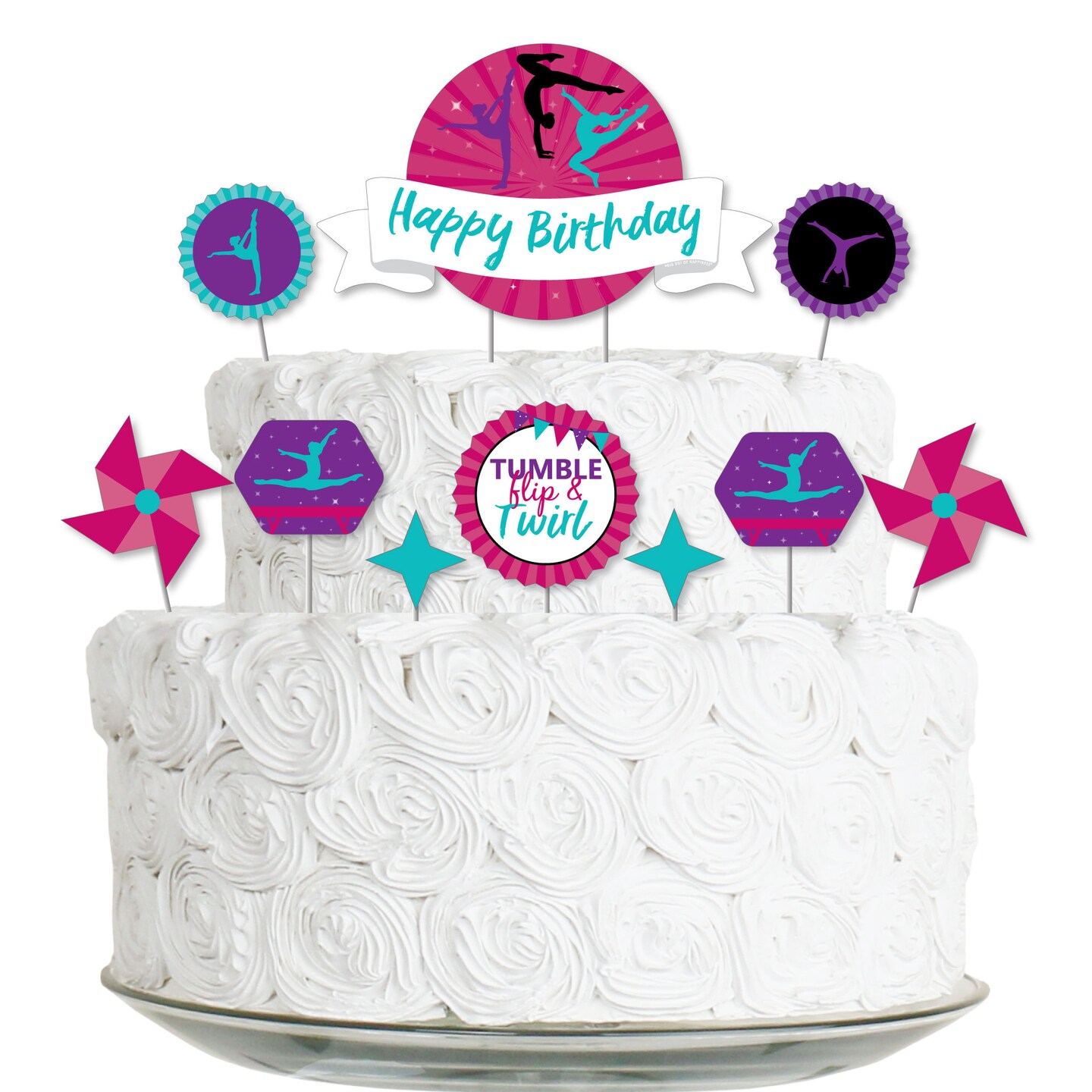 Big Dot of Happiness Tumble, Flip and Twirl - Gymnastics - Gymnast Birthday Party Cake Decorating Kit - Happy Birthday Cake Topper Set - 11 Pieces