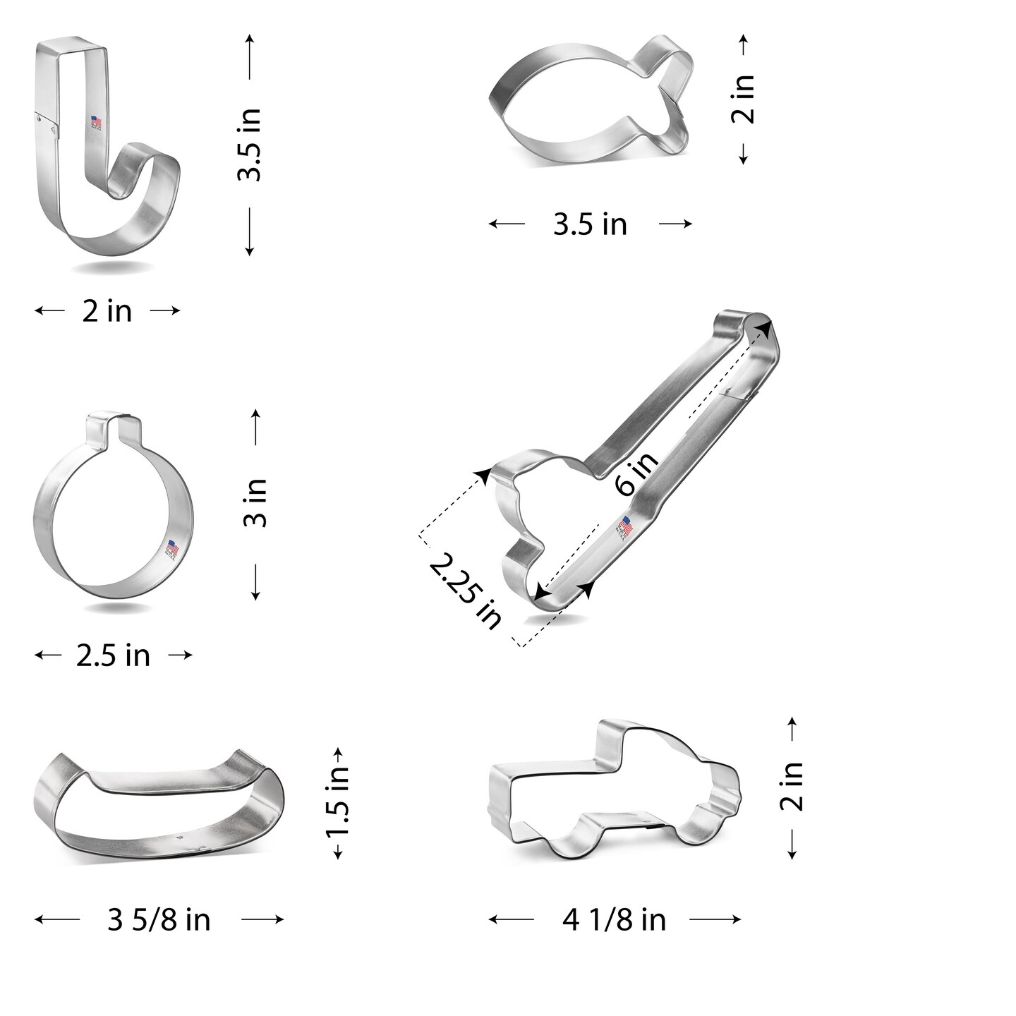 CookieCutter.com Fishing 6 Piece Cookie Cutters Set, Pole, Cute Fish, Bobber, Hook, Canoe, Truck, Tin Plate Steel, USA