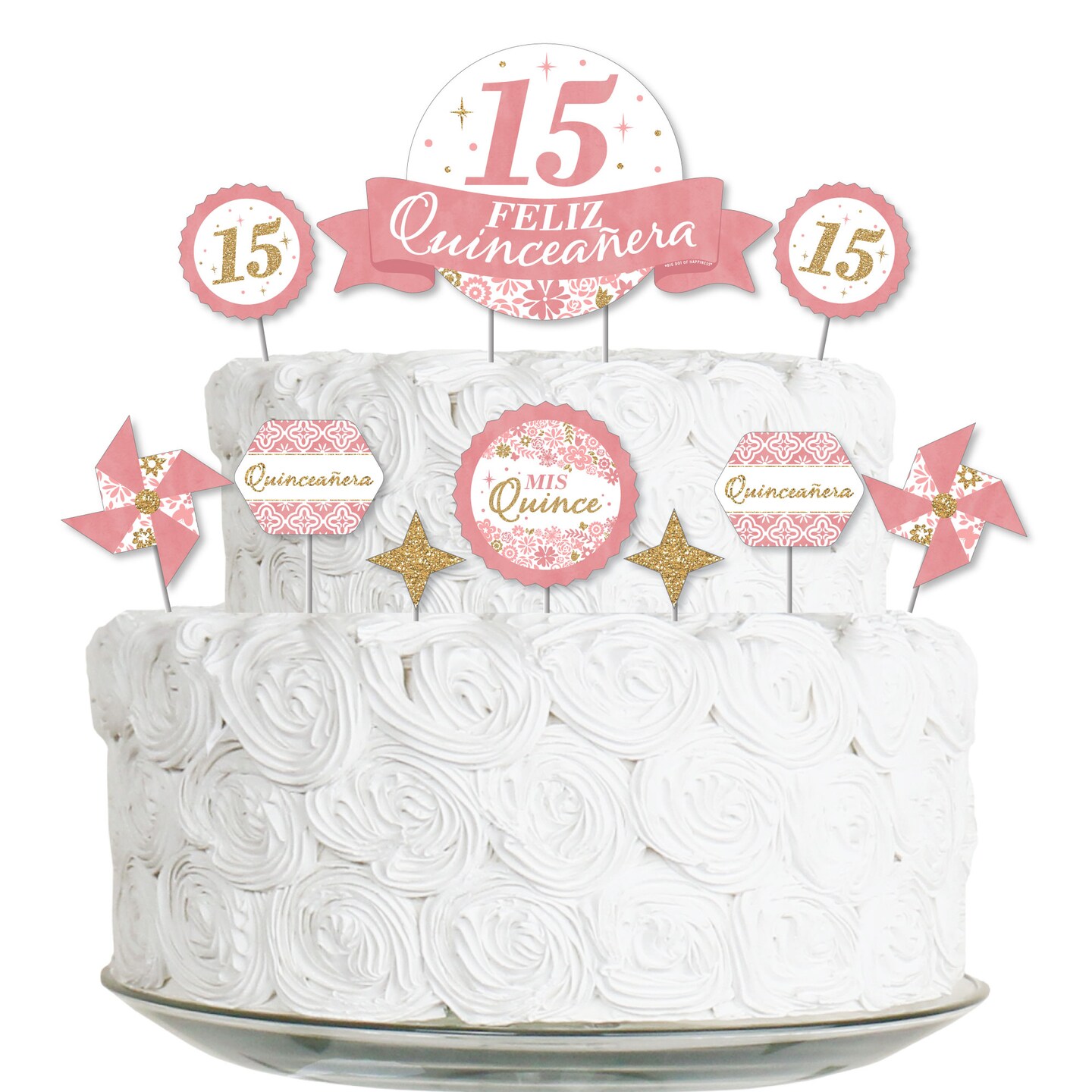 Big Dot of Happiness Mis Quince Anos - Quinceanera Sweet 15 Birthday Party Cake Decorating Kit - Feliz Quinceanera Cake Topper Set - 11 Pieces