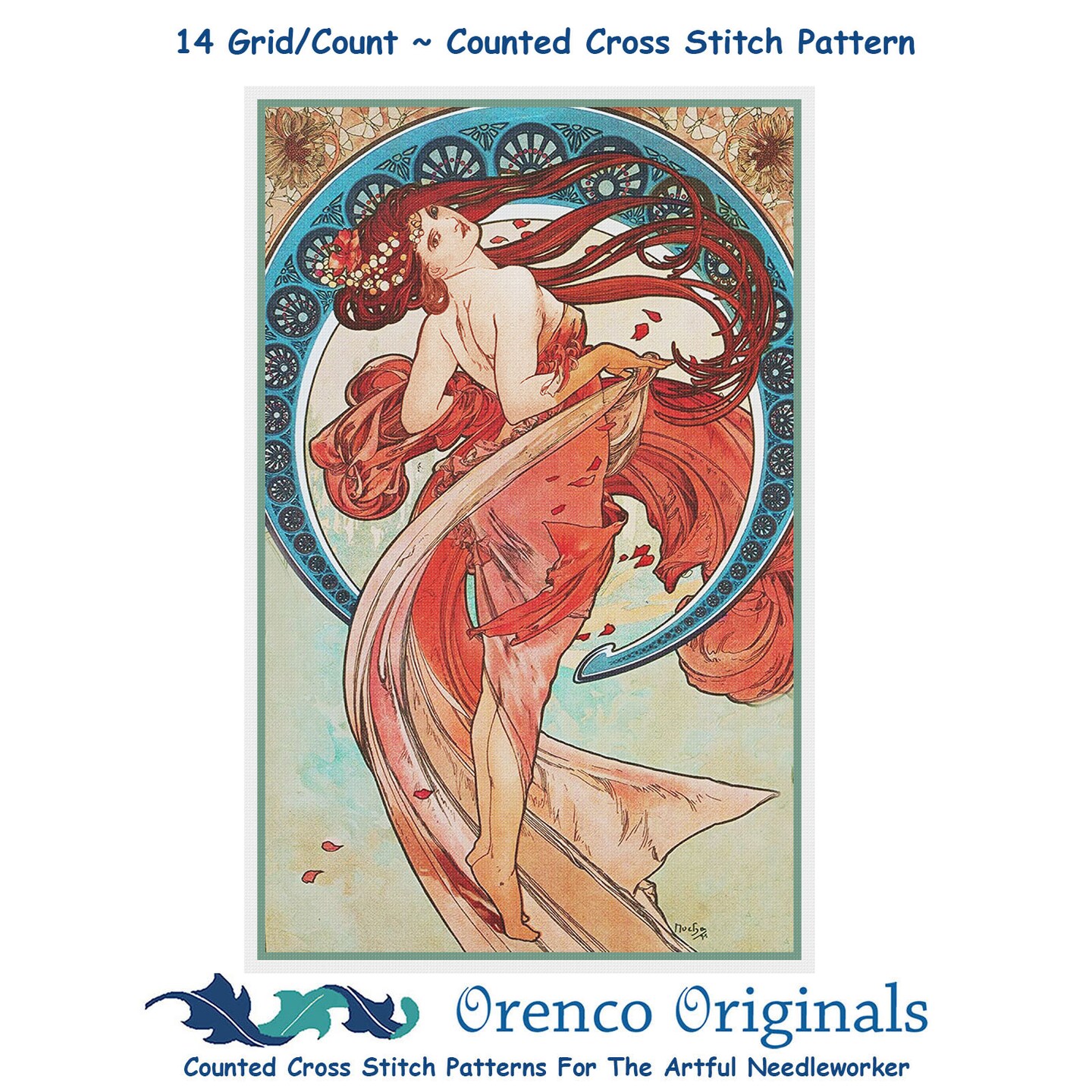 Art Nouveau Alphonse Mucha's Dancer Poster Counted Cross Stitch Chart Pattern