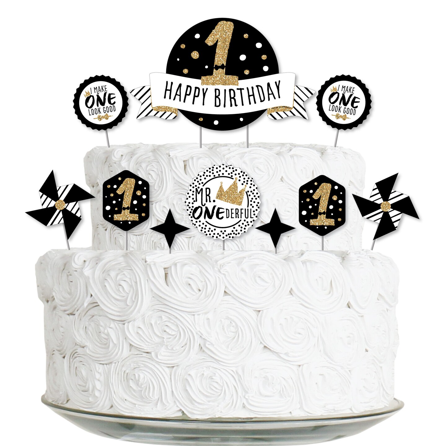 Big Dot of Happiness 1st Birthday Little Mr. Onederful - Boy First Birthday Party Cake Decorating Kit - Happy Birthday Cake Topper Set - 11 Pieces